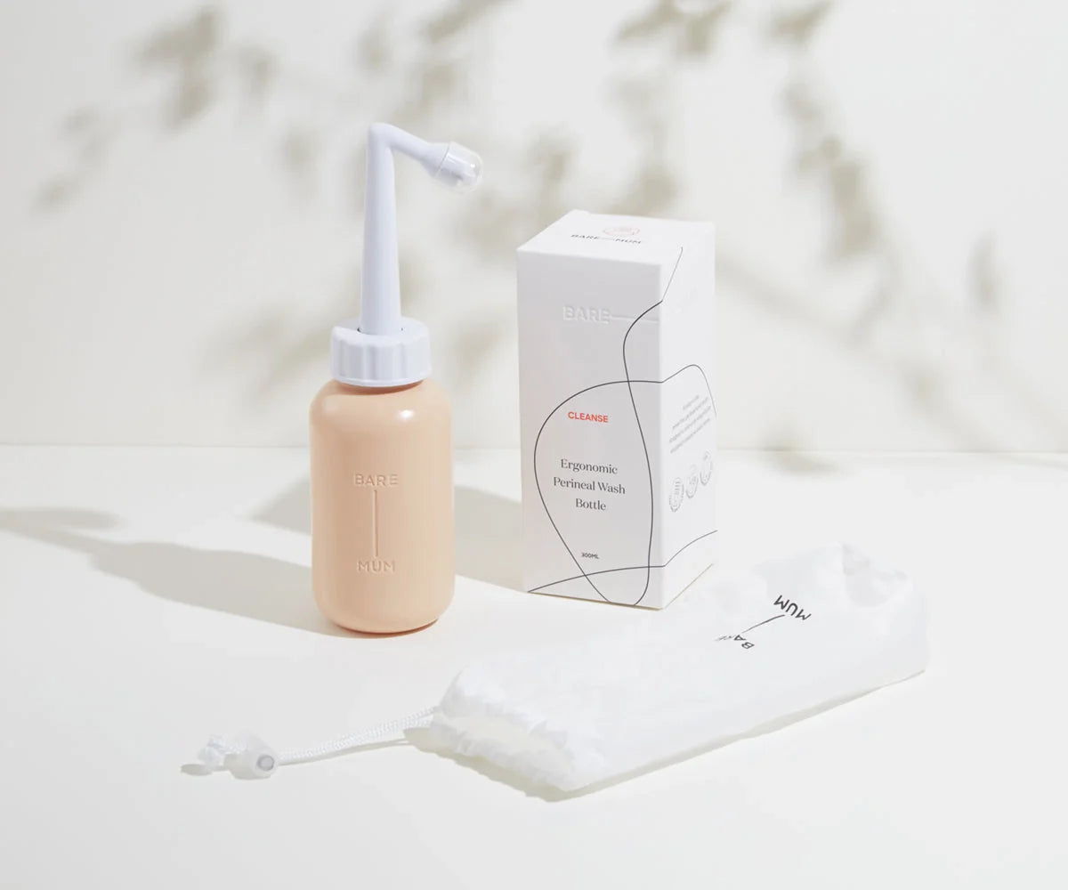 Bare Mum perineal wash bottle with accessories for postpartum care and baby strollers