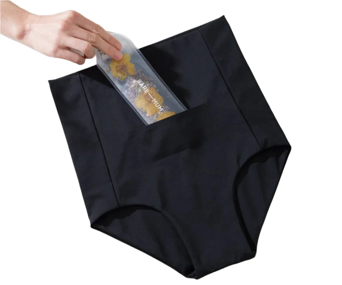 Black high-waisted underwear with pocket from Bare Mum Postpartum briefs for comfy wear