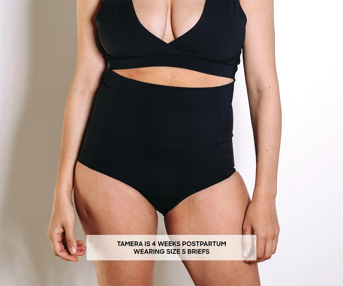 Black high-waisted briefs from Bare Mum Postpartum, perfect with Toshi Baby Romper and baby strollers