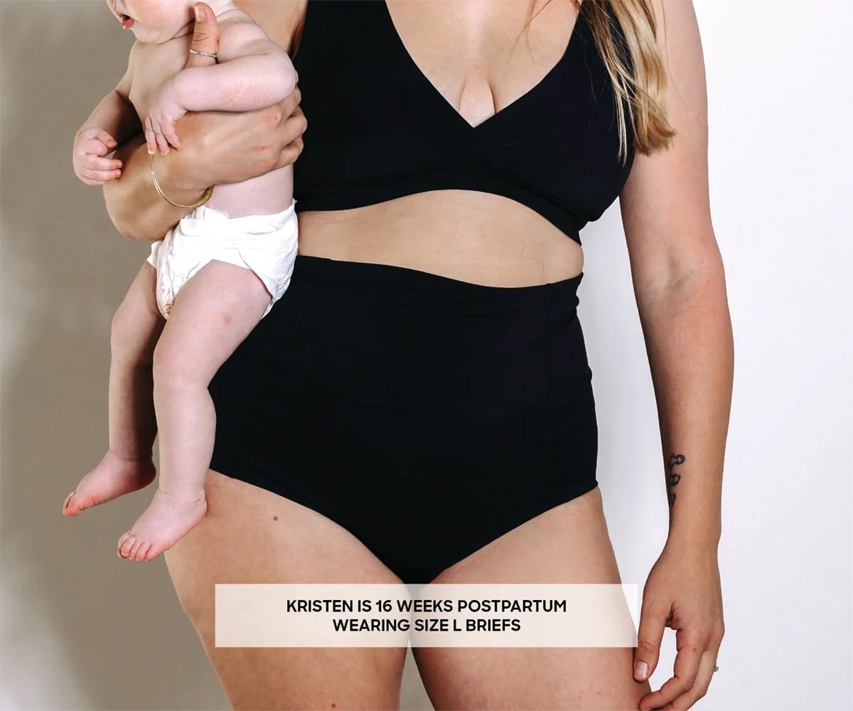 Black high-waisted underwear and bra set for Bare Mum Postpartum briefs with Toshi Baby Romper