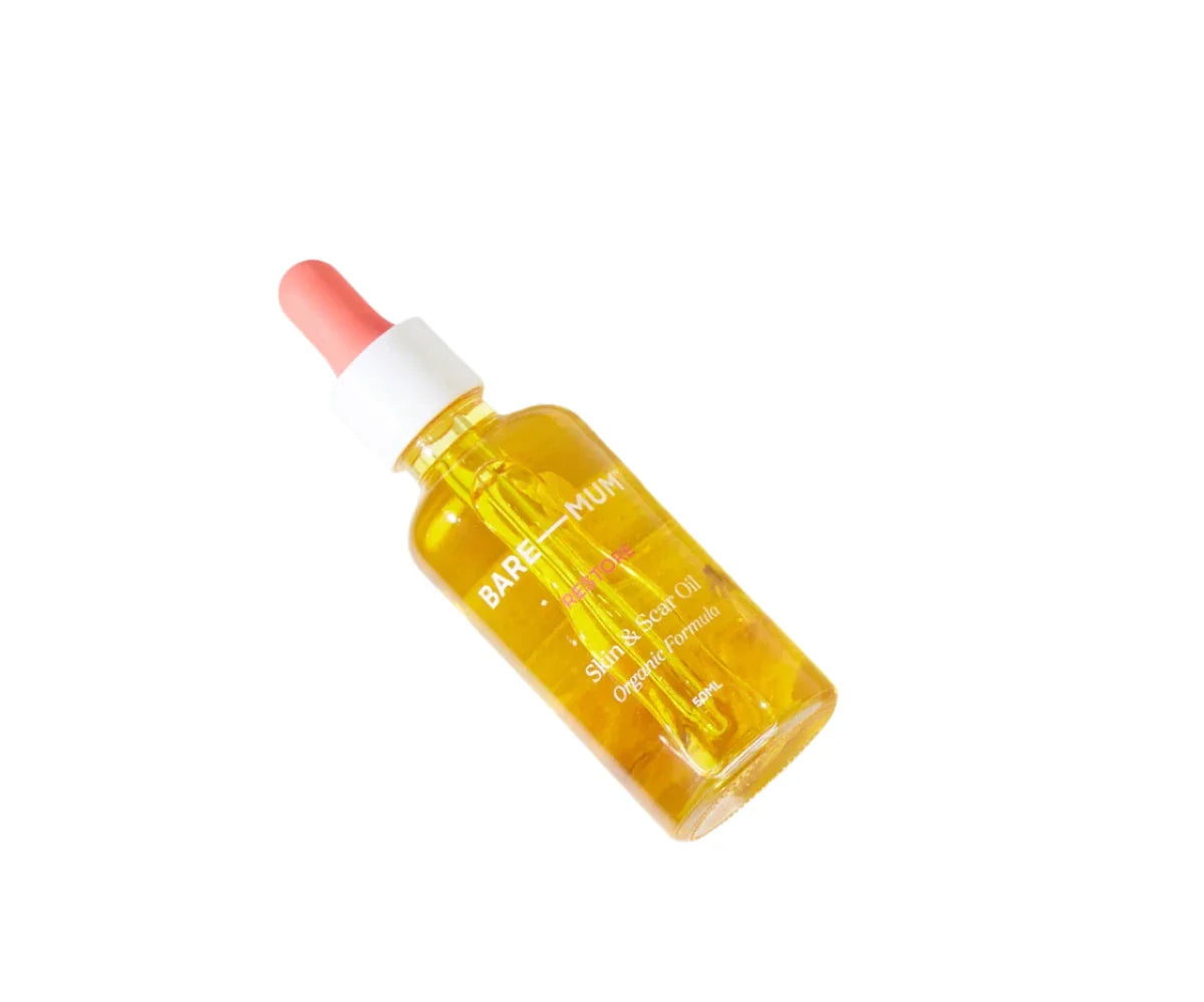 Yellow bare mum skin scar oil 50ml in dropper bottle for gentle skincare