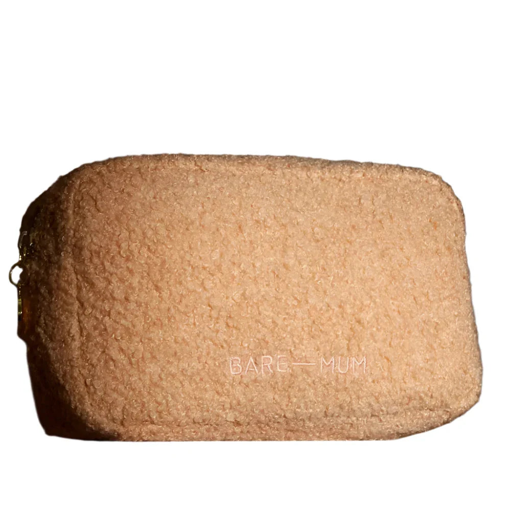 Beige fuzzy cosmetic bag from Bare Mum Teddy perfect for baby strollers and Toshi Baby Romper