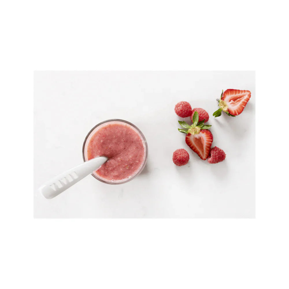 Strawberry raspberry smoothie with spoon - Toshi Baby Beaba 1st Stage Ergonomic Spoons light blue pink