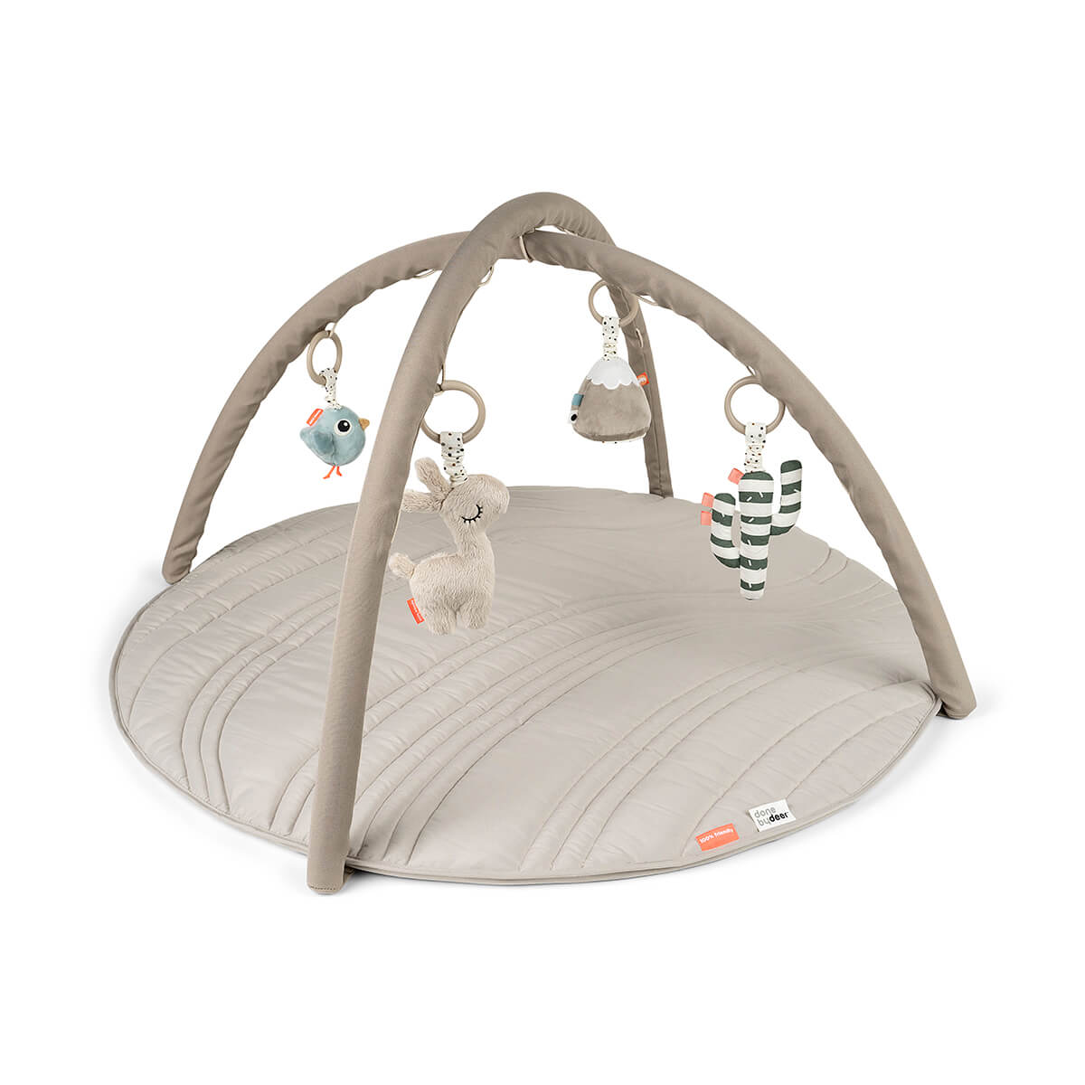 Beige baby activity gym with hanging toys from Done by Deer, perfect for Toshi Baby Romper fans