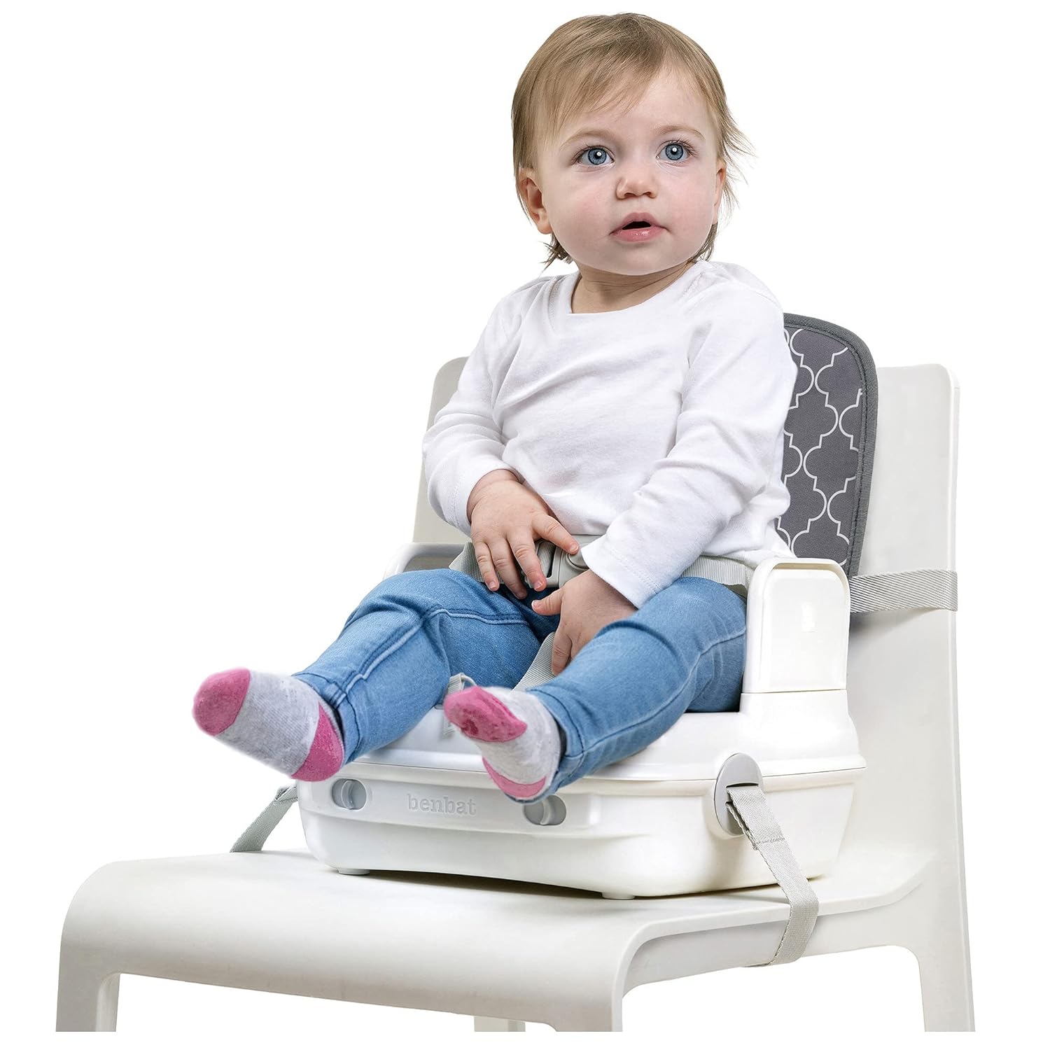 Baby seated in a Benbat Yummigo Booster Grey on Odyssey wagon wheels toshi baby seat hassle