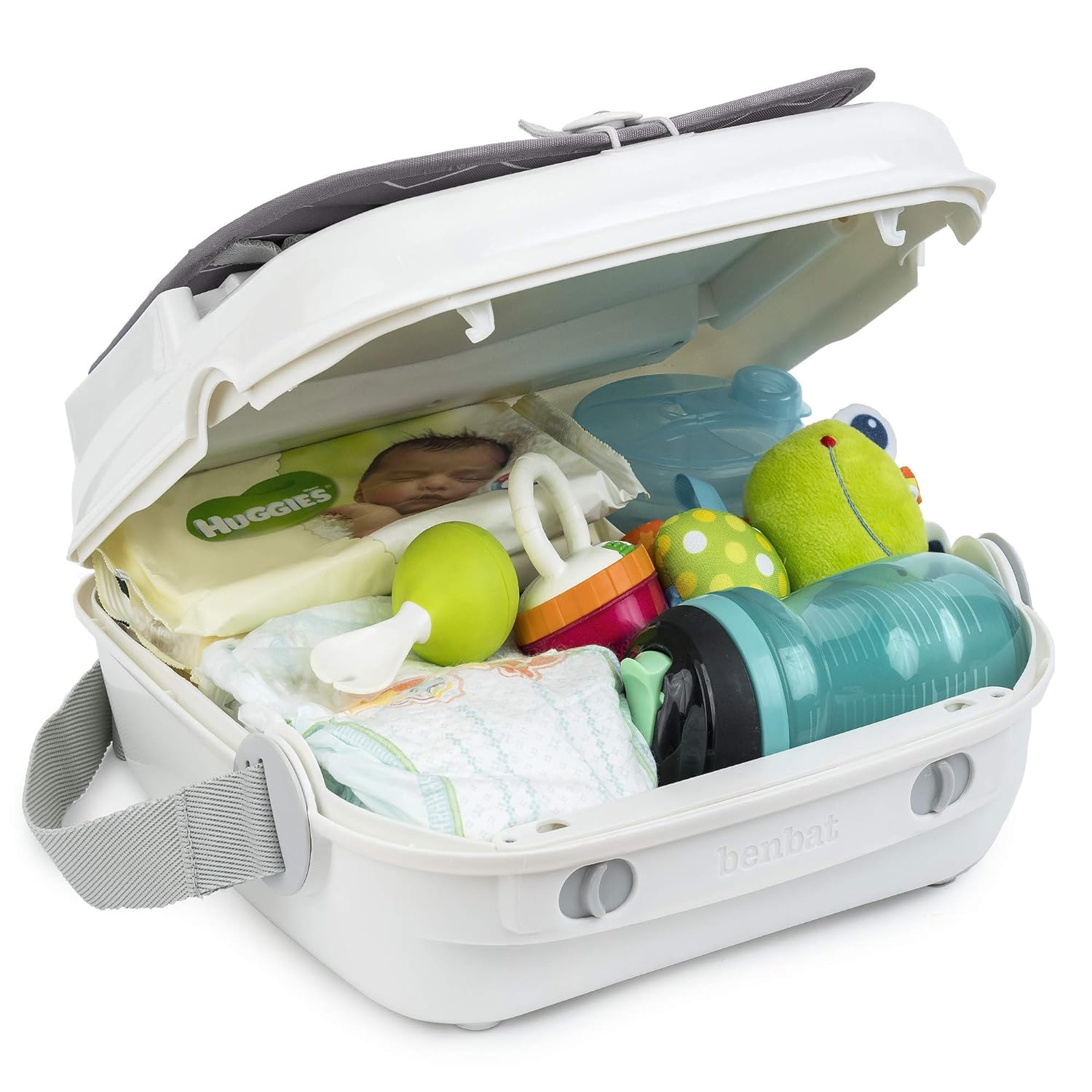 Open white diaper bag with toshi baby accessories, part of Benbat Yummigo Booster GREY for baby strollers