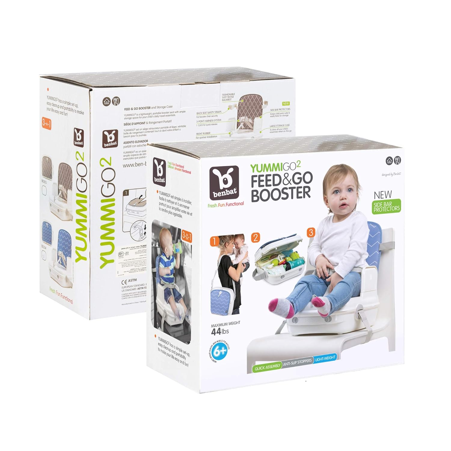 Two boxes of Yummigo2 Feed & Go Booster seats for Toshi Baby, Benbat Yummigo Booster Grey and Odyssey Wagon Wheels style