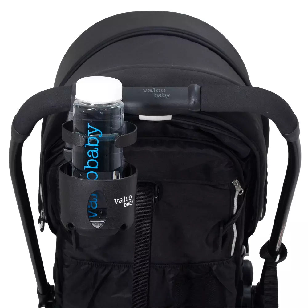 Black stroller with Bevi Buddy Cup holder perfect for Toshi Baby Romper and baby strollers