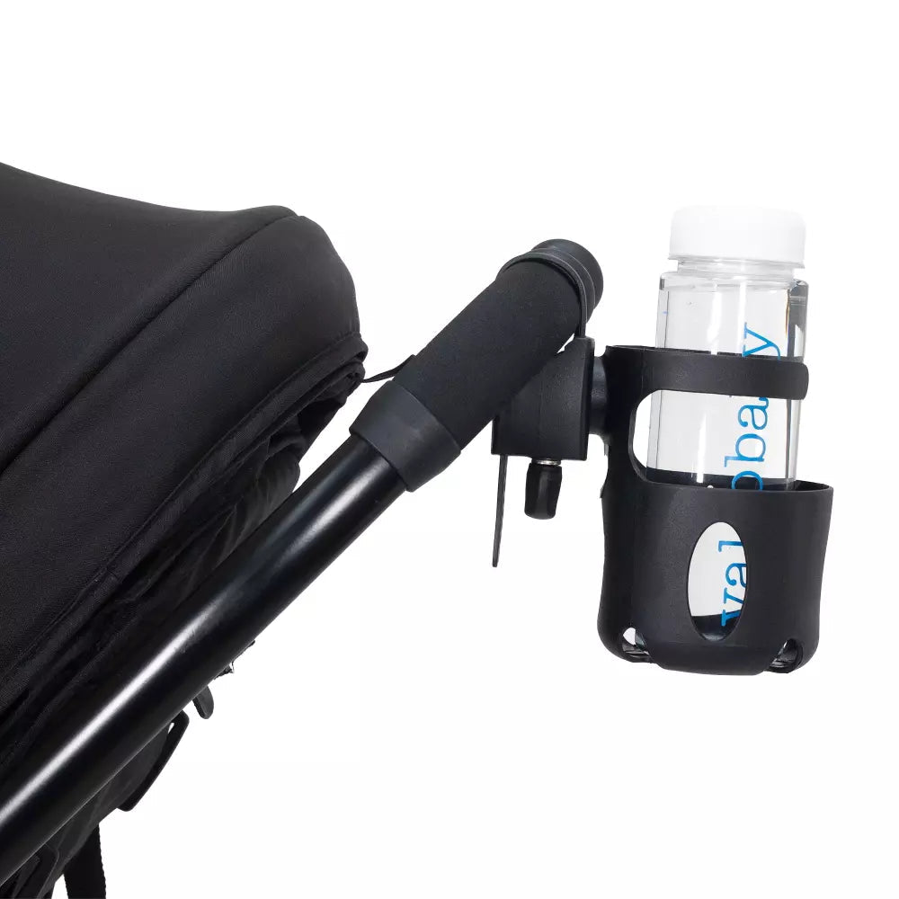 Black Bevi Buddy Cup Holder with bottle for baby strollers and Toshi Baby Romper