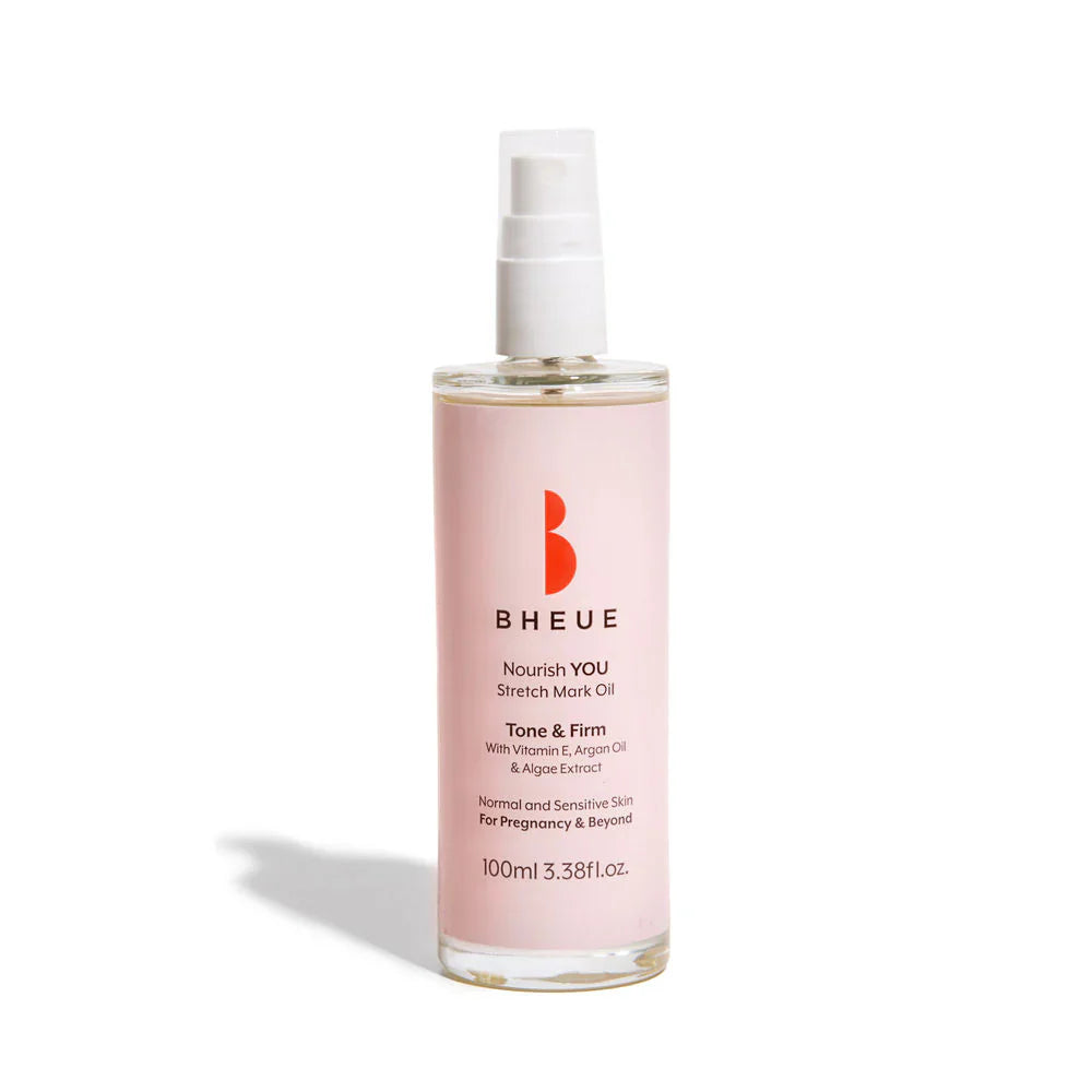 Bottle of Bheue Bheue Nourish YOU Stretch Mark Oil, nourishing body oil for skin