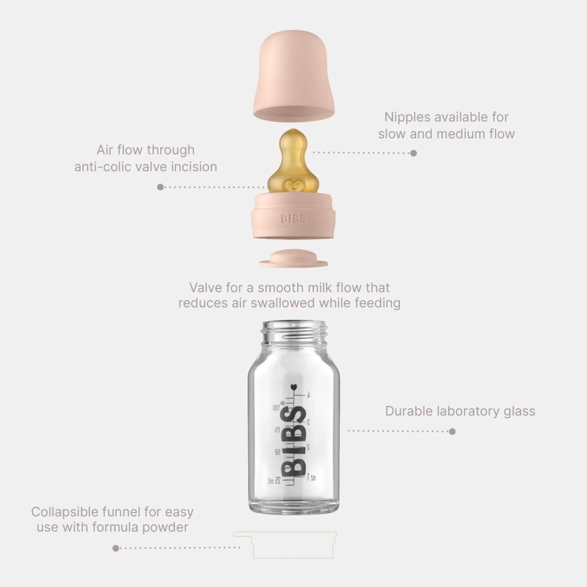 Exploded view of Toshi Baby Bibs 225ml Glass Bottle Set made from borosilicate glass