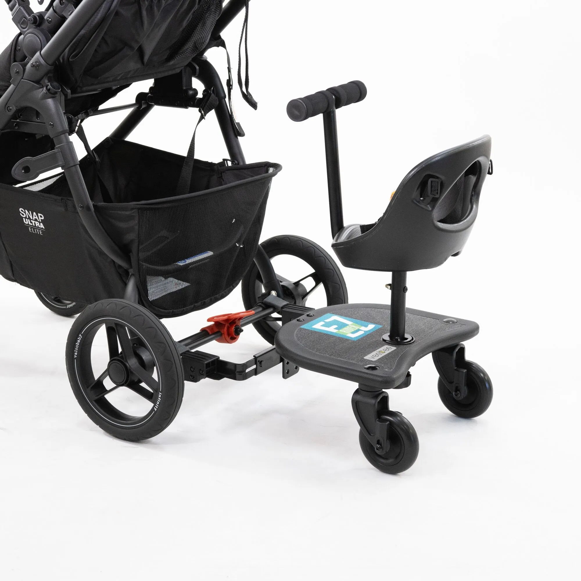 Black Vee Bee EZ Rider stroller with ride-on board and sturdy rigid rear axle