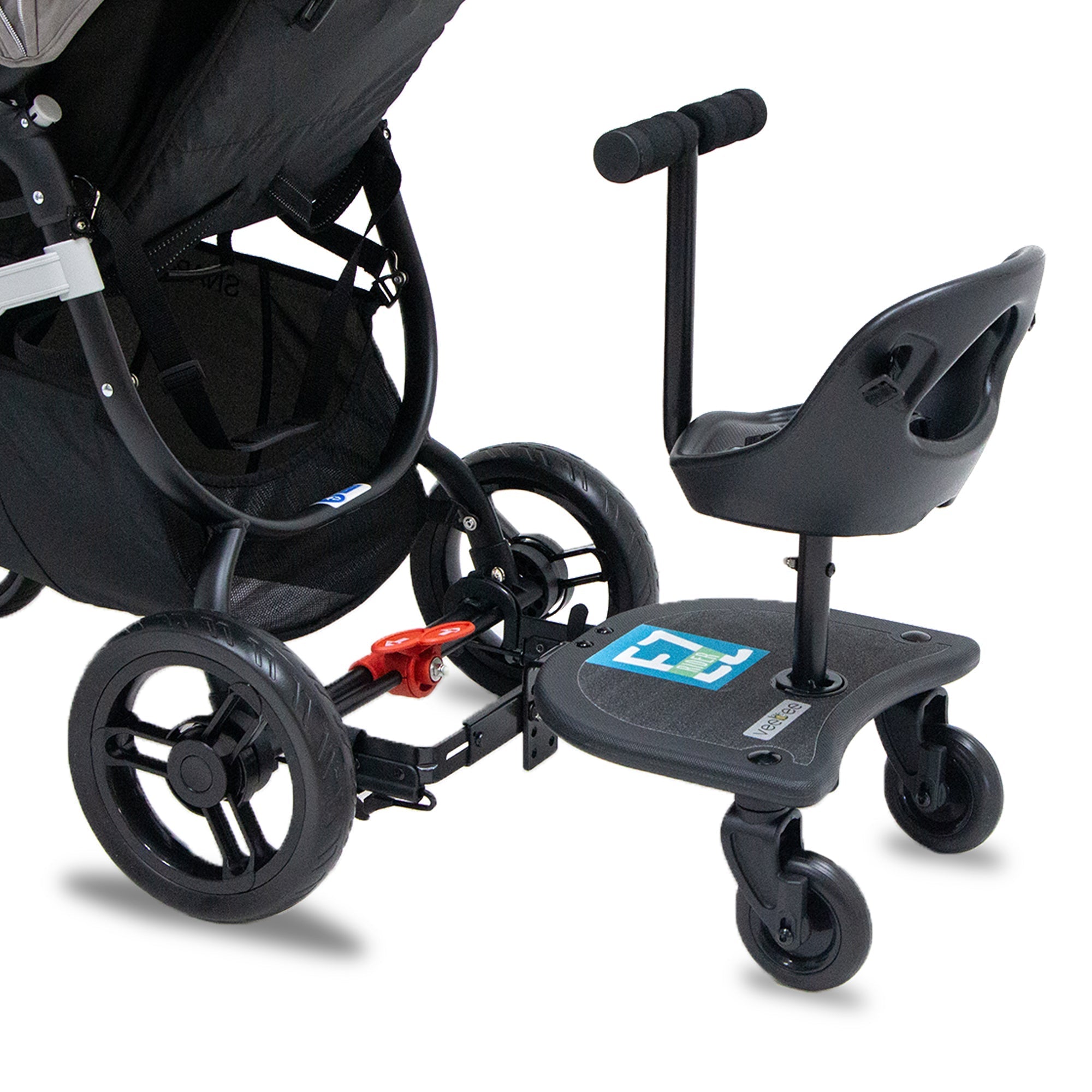 Black stroller with ride-on board for smooth rides in Vee Bee EZ Rider baby strollers