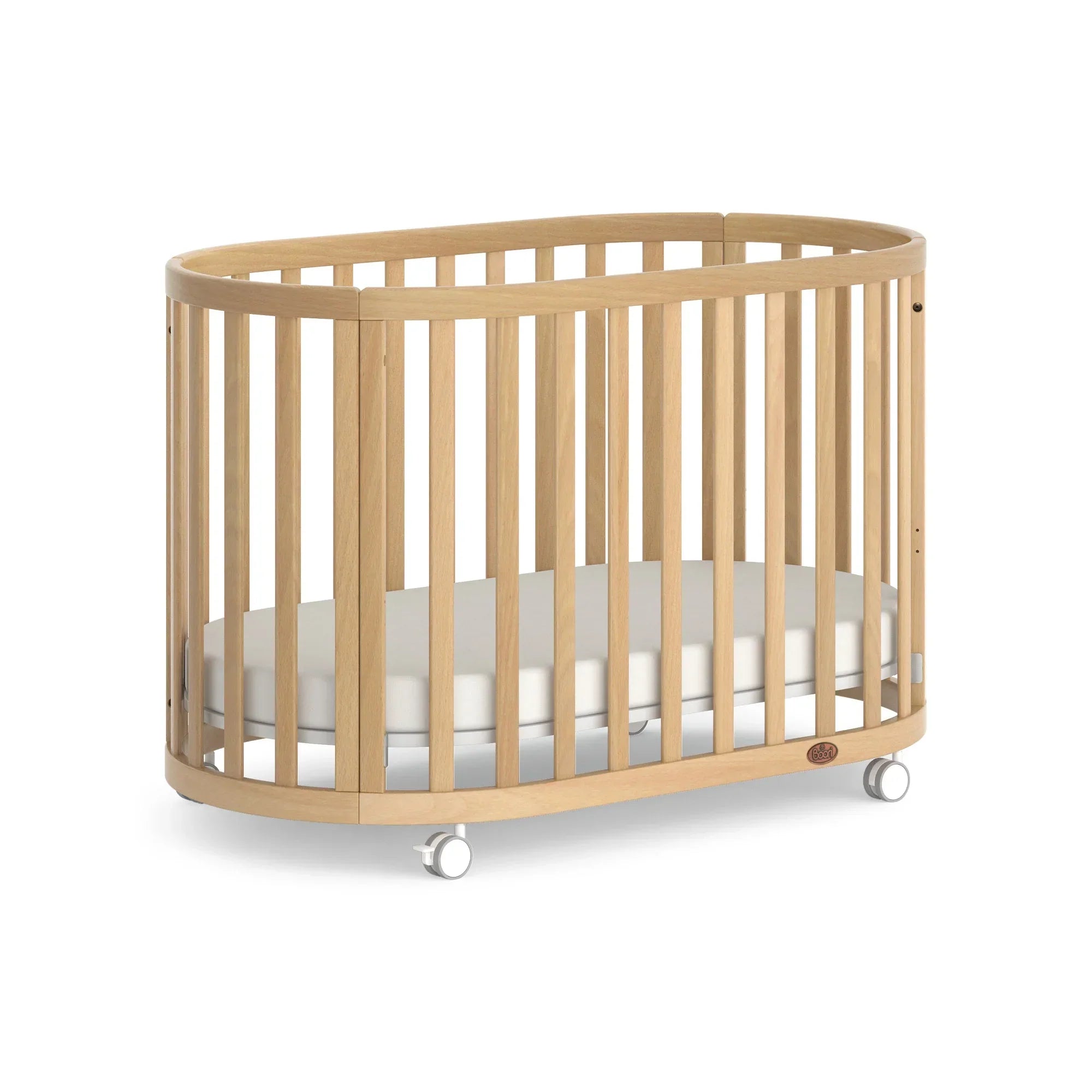 Boori Eden Oval Cot with wheels and pocket spring mattress for comfy baby naps
