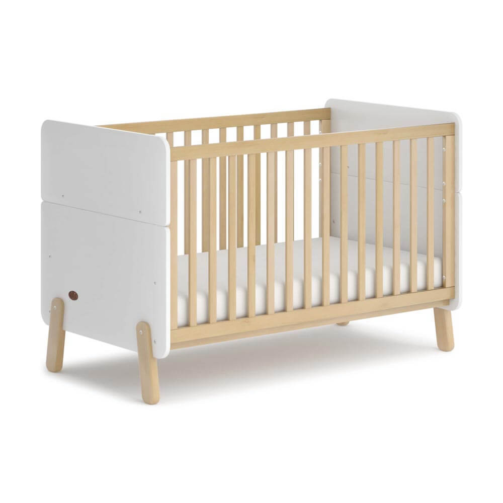 White and natural wood Boori Natty Cot Bed perfect for baby strollers and baby romper eva