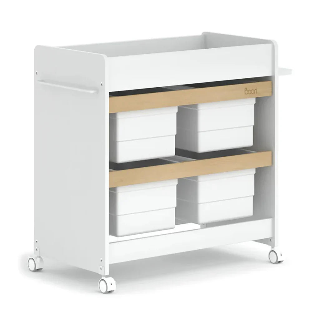 White rolling storage cart with bins from Boori Natty Storage for organizing toys