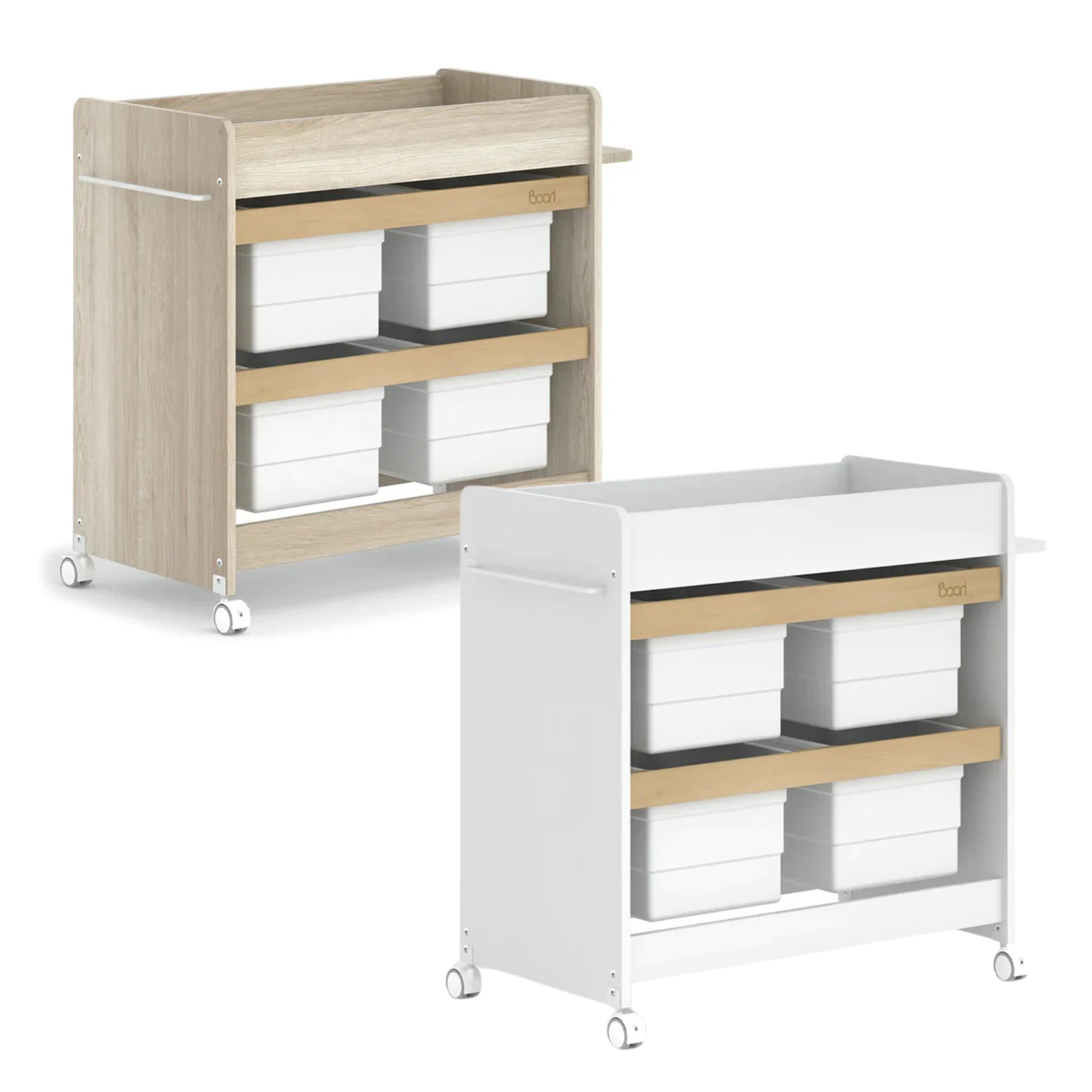 Two changing tables with storage in boori natty storage for baby essentials