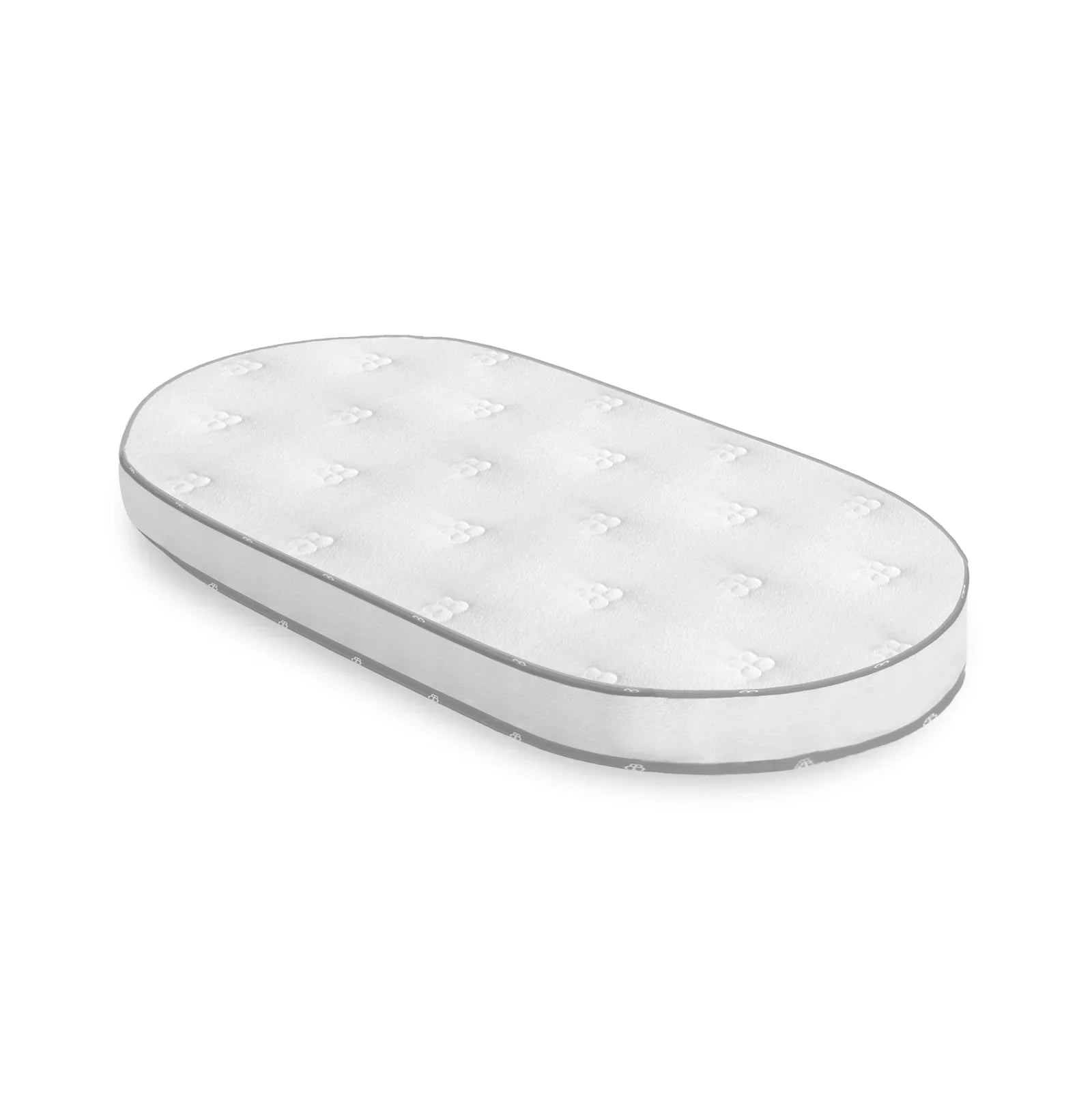 Oval white mattress for boori cribs, perfect with Toshi baby romper, Odyssey wagon wheels, or baby strollers