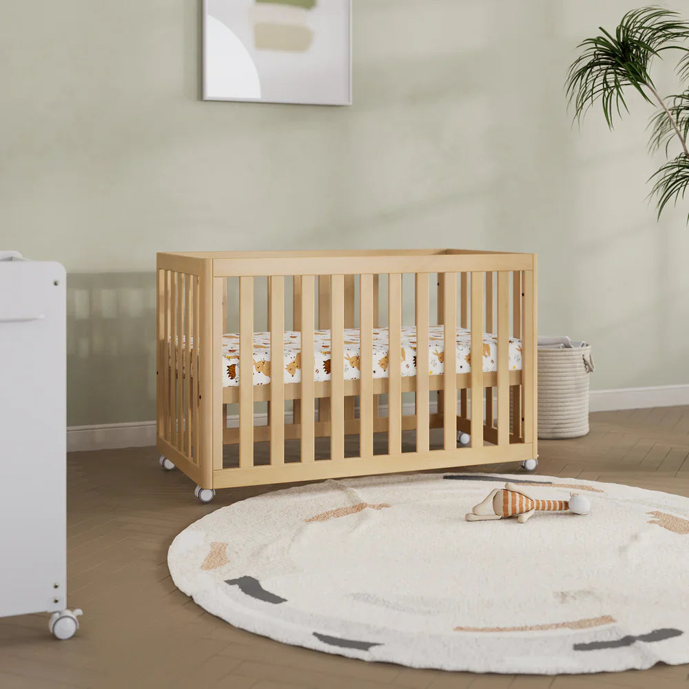 Wooden baby crib with wheels and Boori Turin Compact spring mattress setup