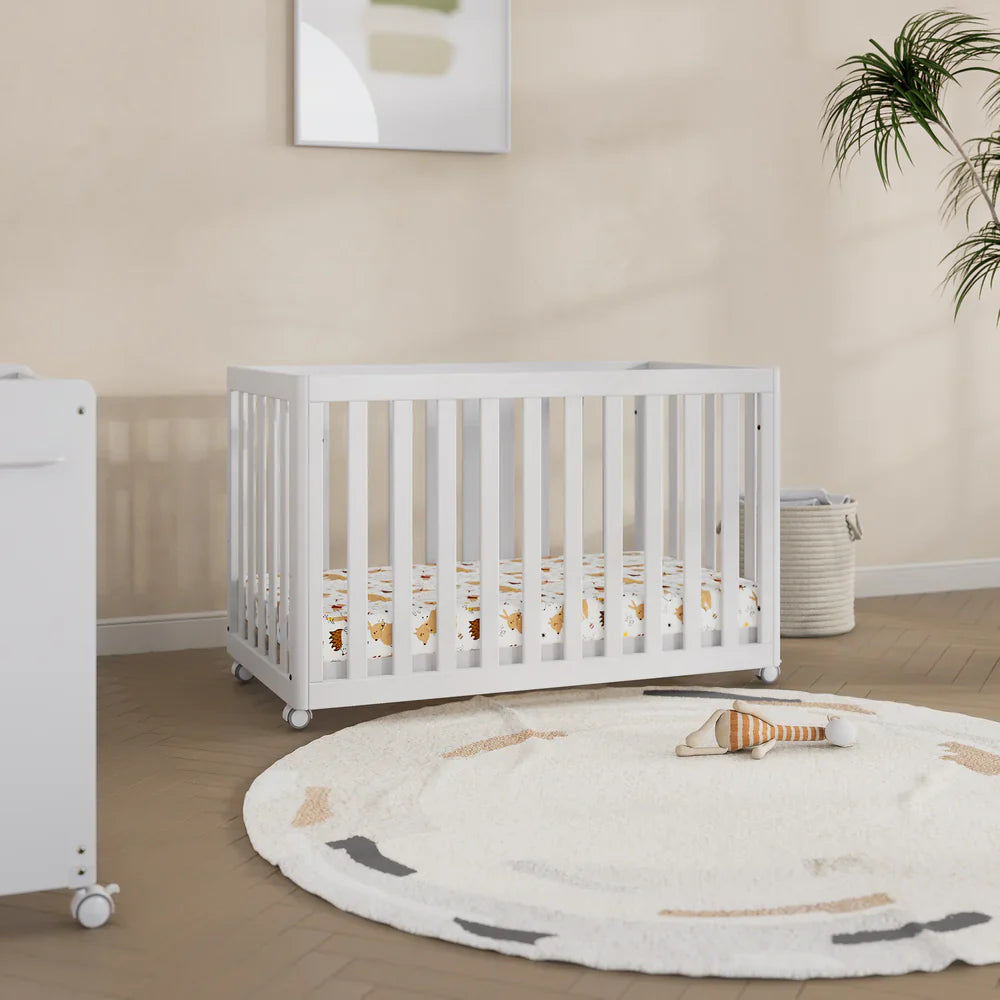 White baby crib from Boori Turin Compact set with pocket spring mattress for comfy sleeps
