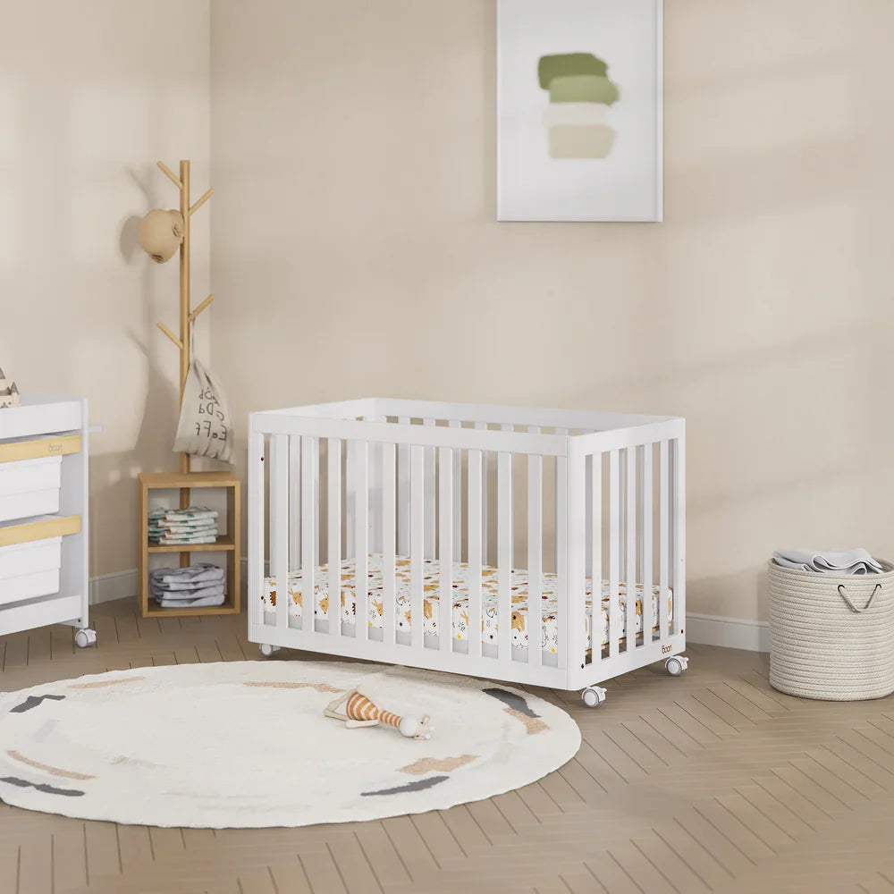 White baby crib with Boori Turin Compact Cot and Pocket Spring Mattress setup