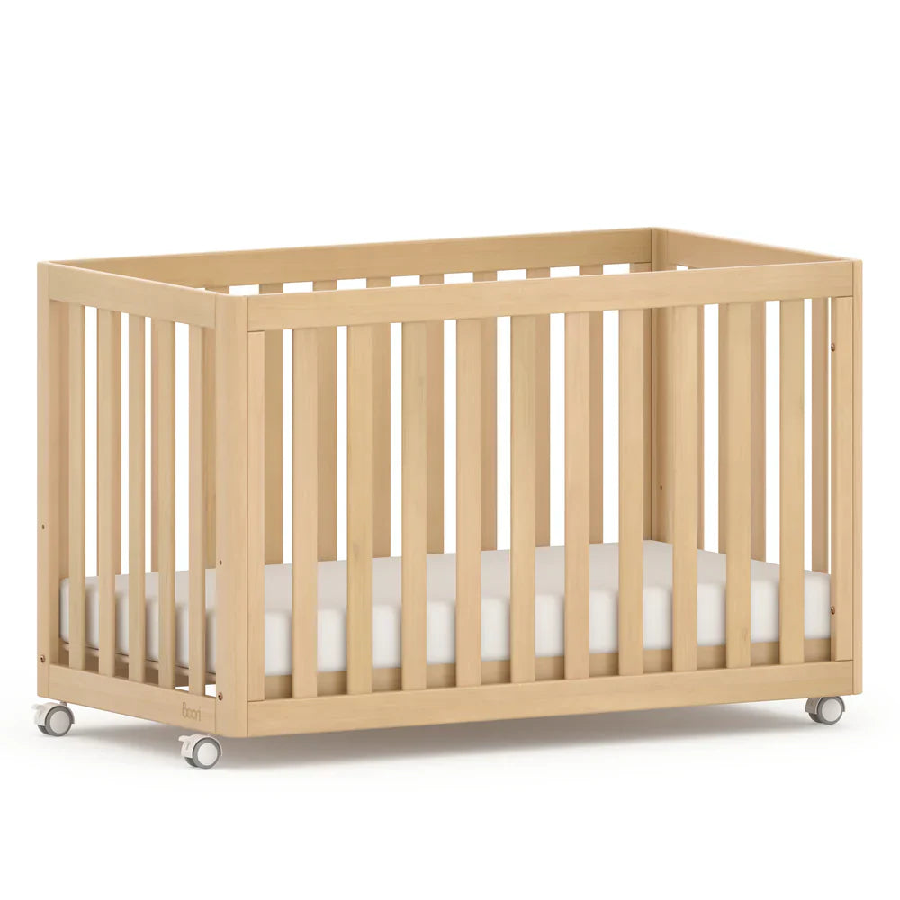 Wooden baby crib with wheels from Boori Turin Compact and spring mattress combo
