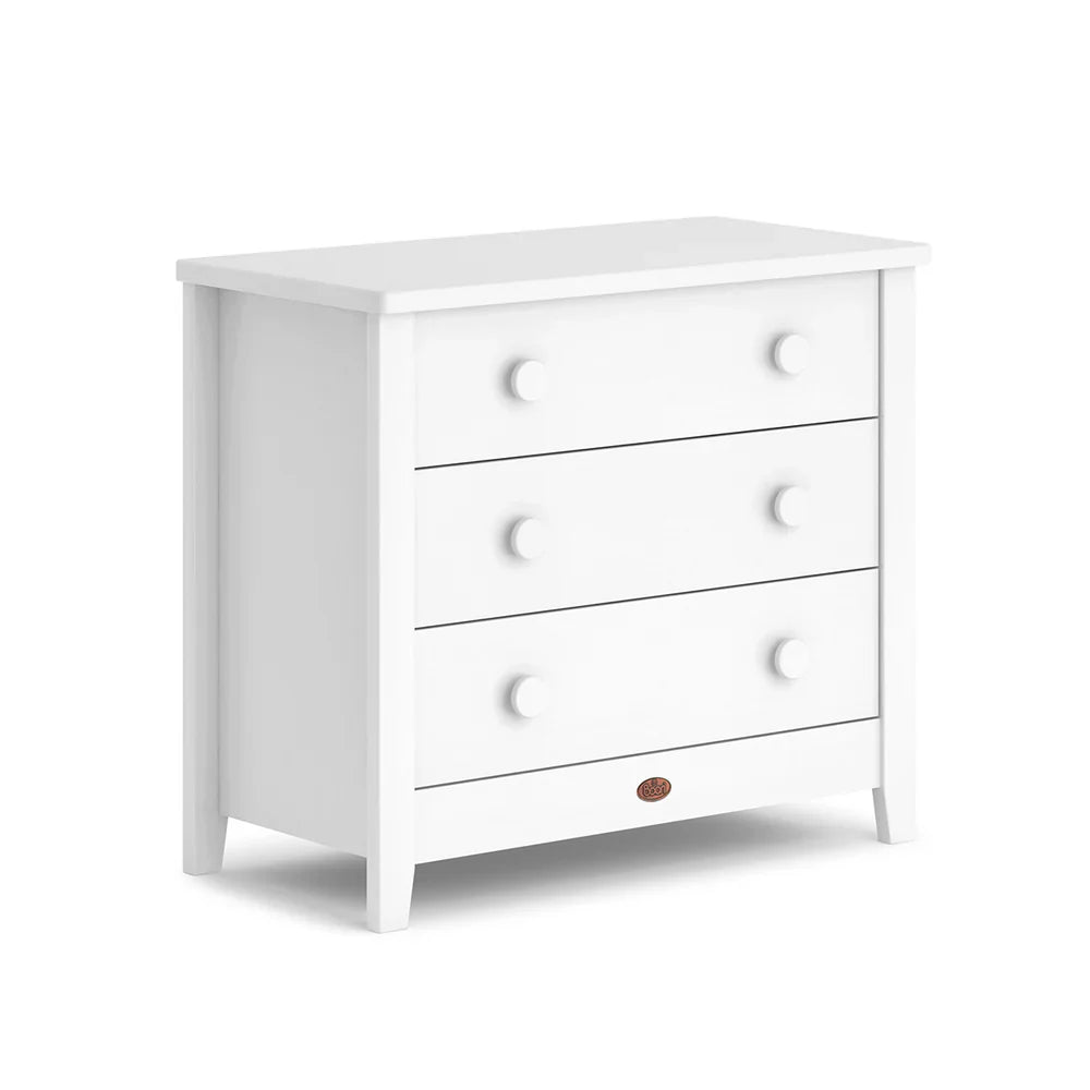 White three-drawer dresser from Boori Universal 3 Drawer Chest V24 for toshi baby storage