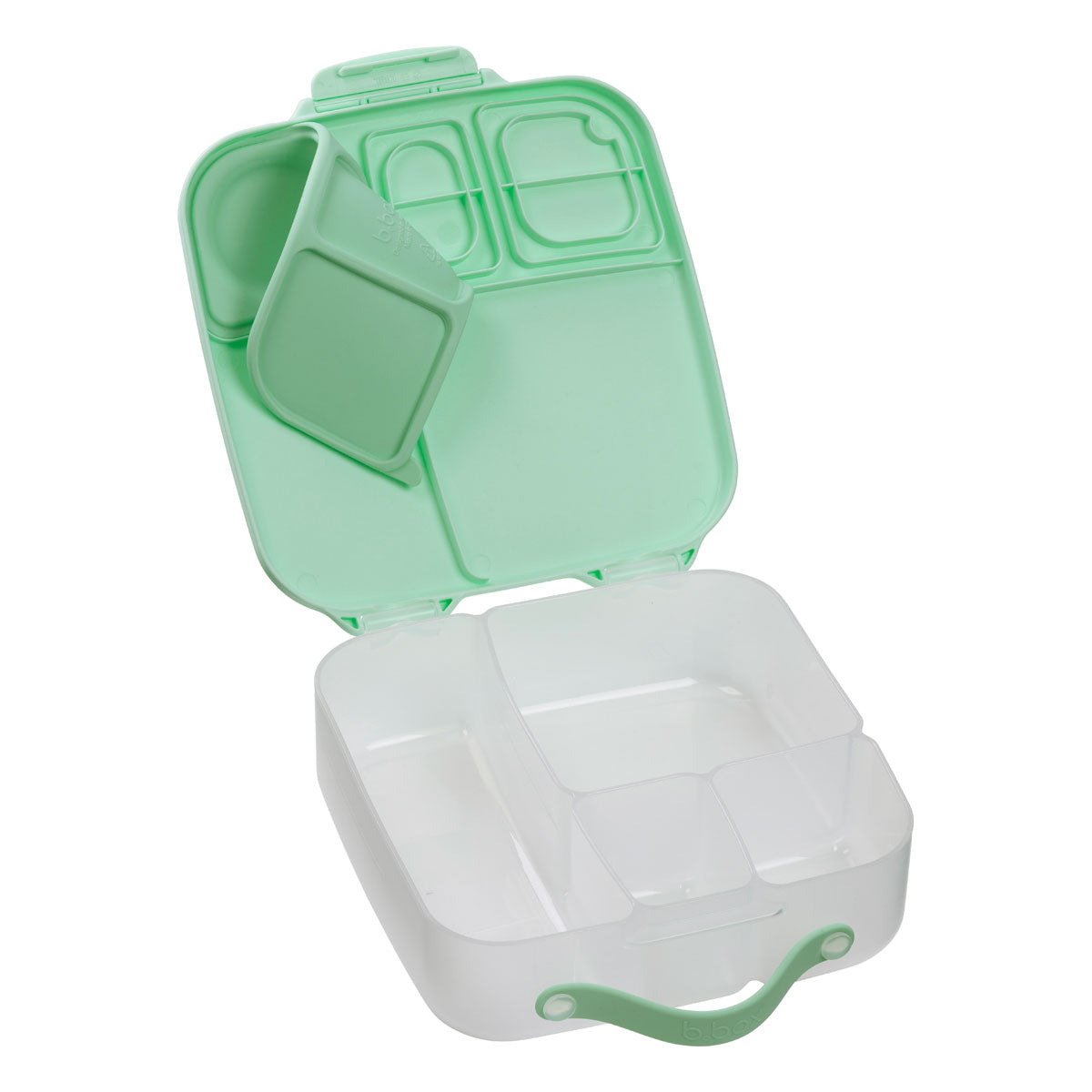 Open divided mint green and white Bbox Lunch Box with Odyssey Wagon Wheels inside