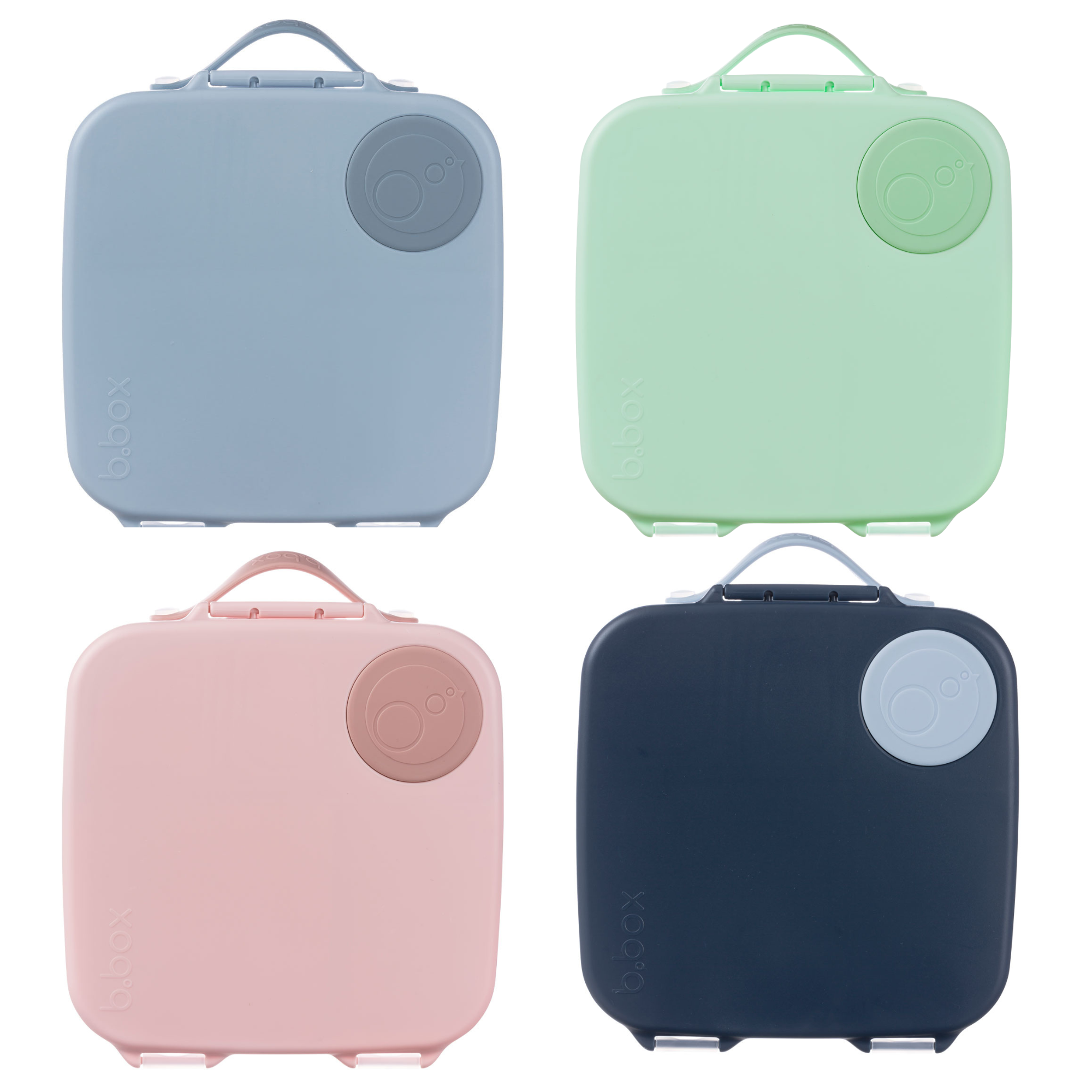 Four colorful BBox Lunch Boxes with handles perfect for kids and on-the-go lunches