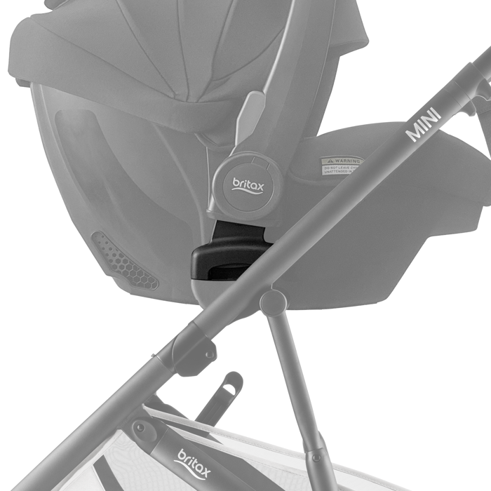 Gray stroller with Britax Mini baby capsule adaptors for easy baby strollers setup