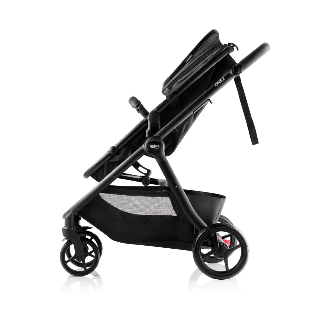 Black Britax One2 Stroller with tandem stroller design and baby capsule feature