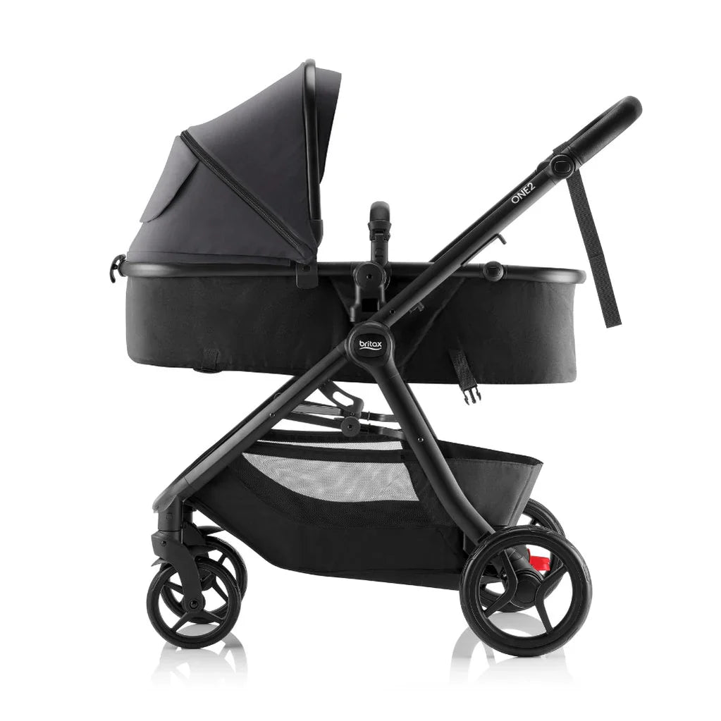 Black baby stroller shown is the Britax One2 Stroller, a great tandem stroller for baby strollers