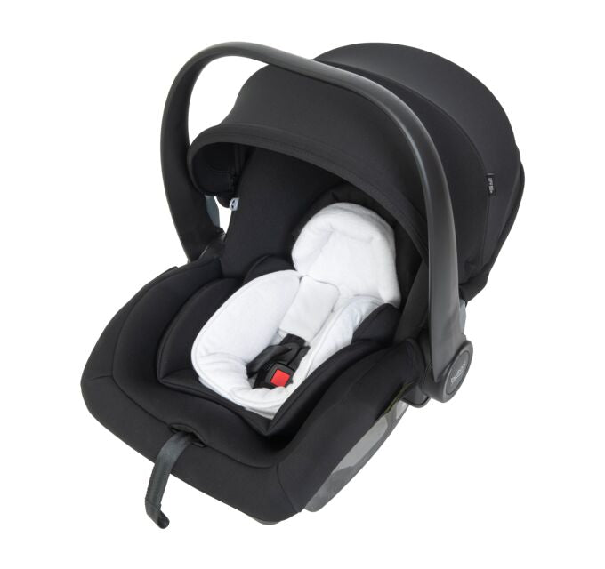 Black infant car seat with white insert in Britax Safe-n-Sound for low birth weight babies