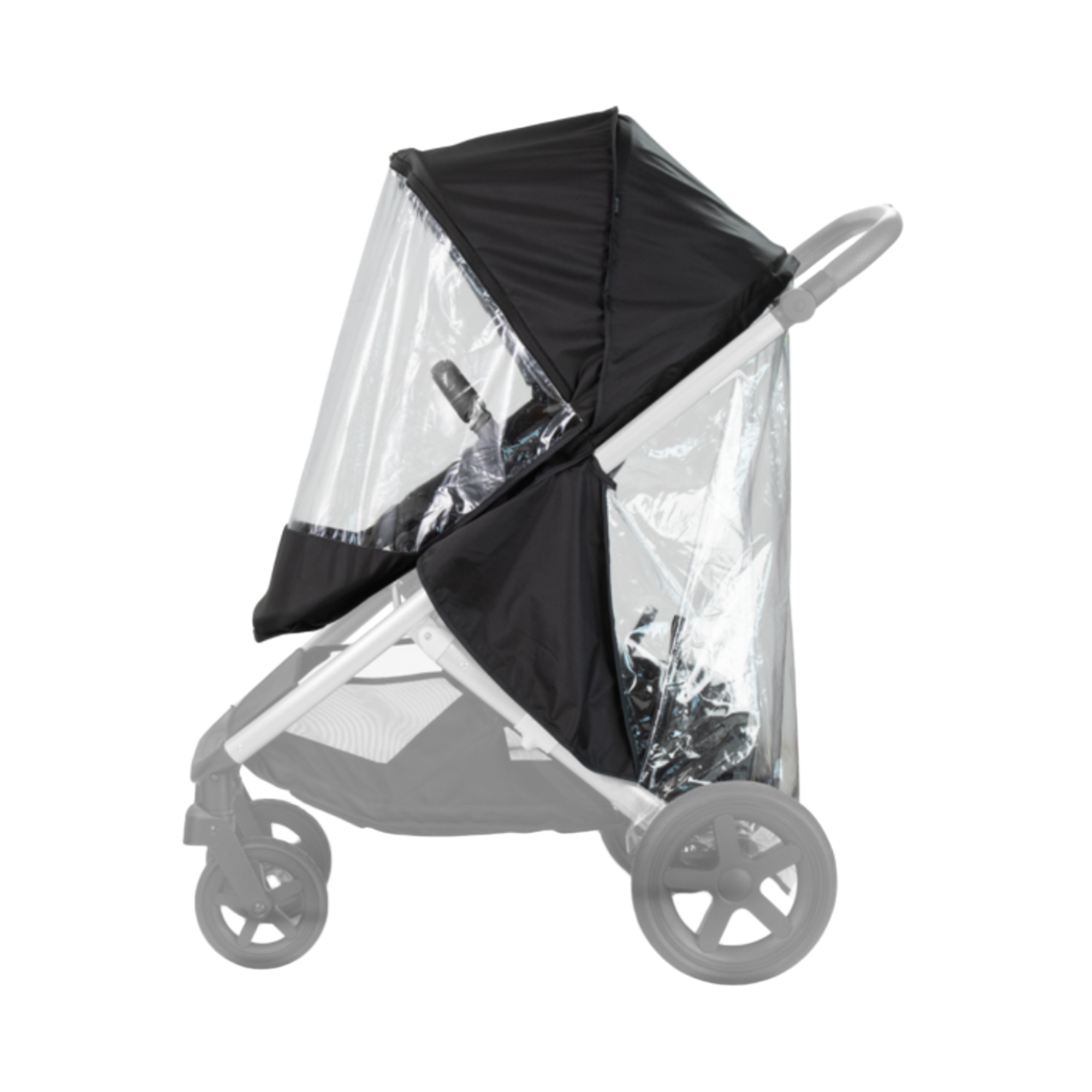 Black stroller with rain cover showing Toshi Baby Britax Universal Rain Cover for premium stroller rain protection