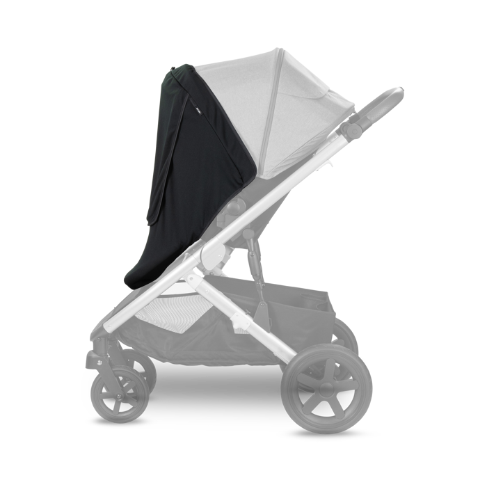 Silver-framed black and gray baby stroller with Britax Universal Sun Cover for harsh Australian sun