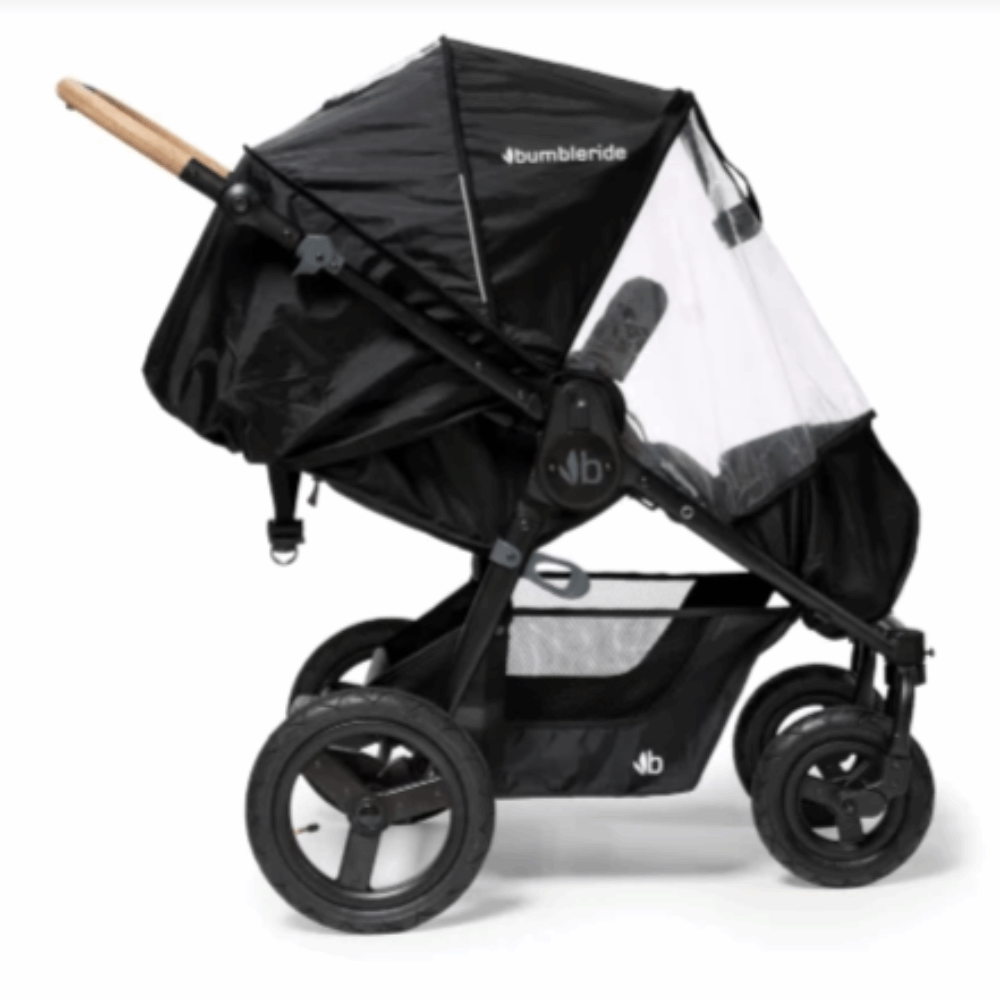 Black stroller with rain cover from Bumbleride Era Rain Shield for Toshi Baby precious cargo dry