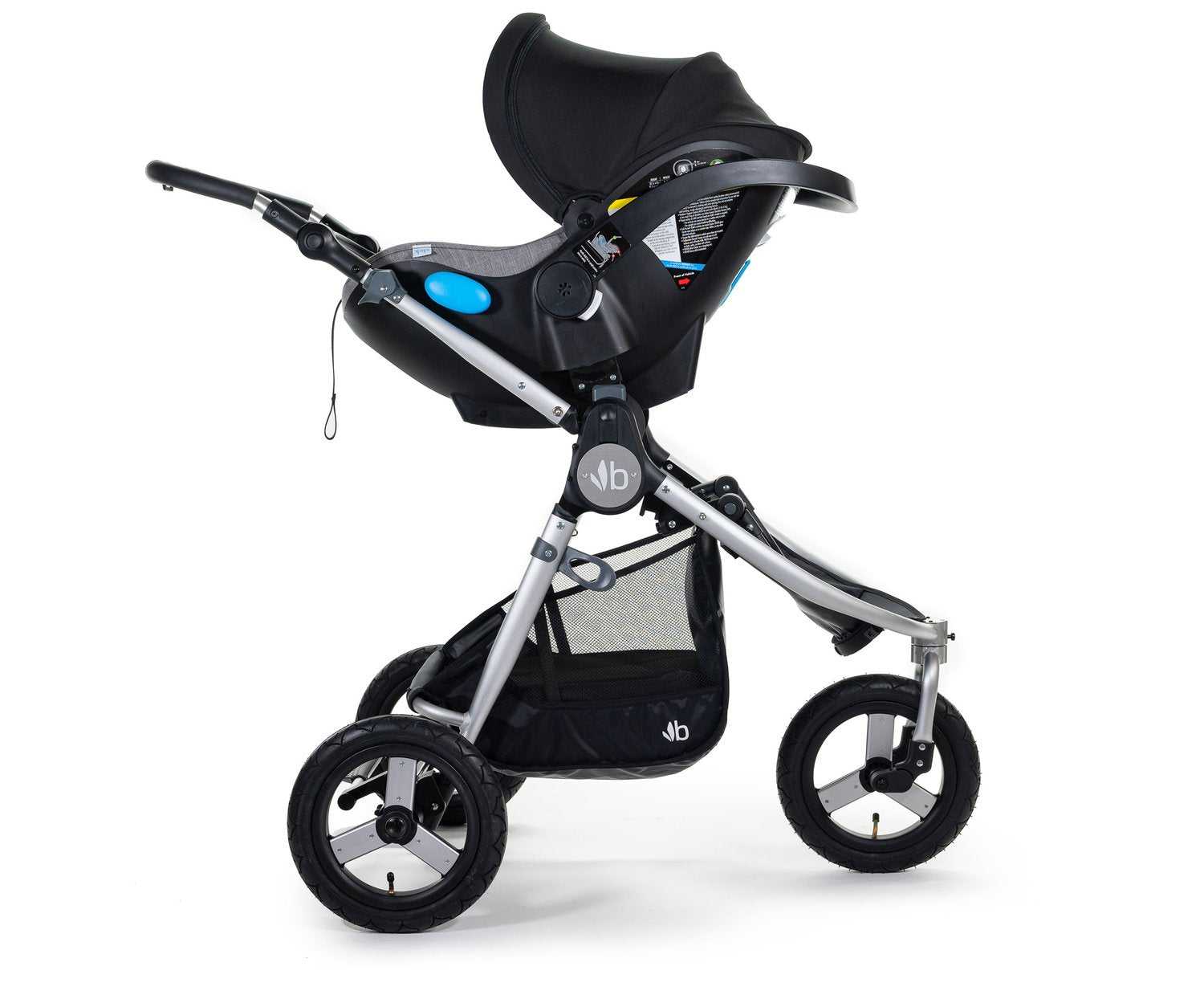 Black and silver Bumbleride Indie Capsule stroller with Maxi Cosi Mico and Cybex Aton adaptor