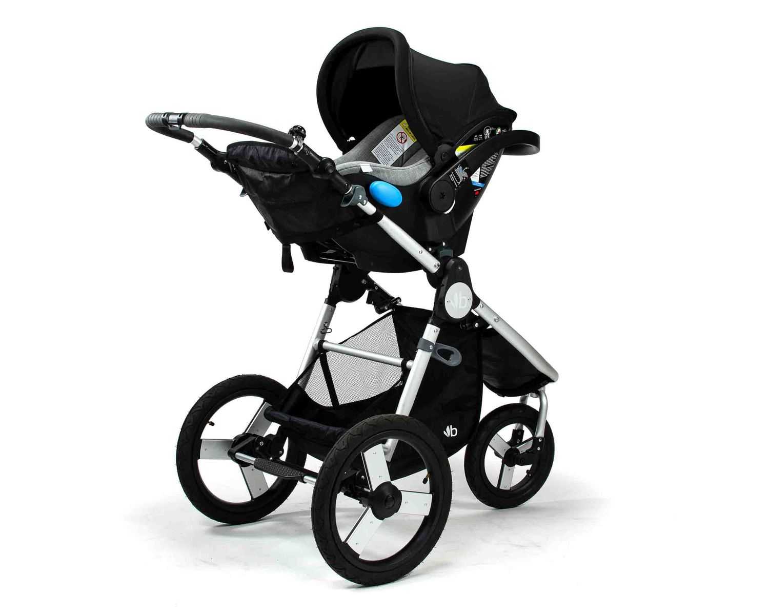 Black and silver Bumbleride Indie Capsule stroller compatible with Maxi Cosi Mico baby strollers