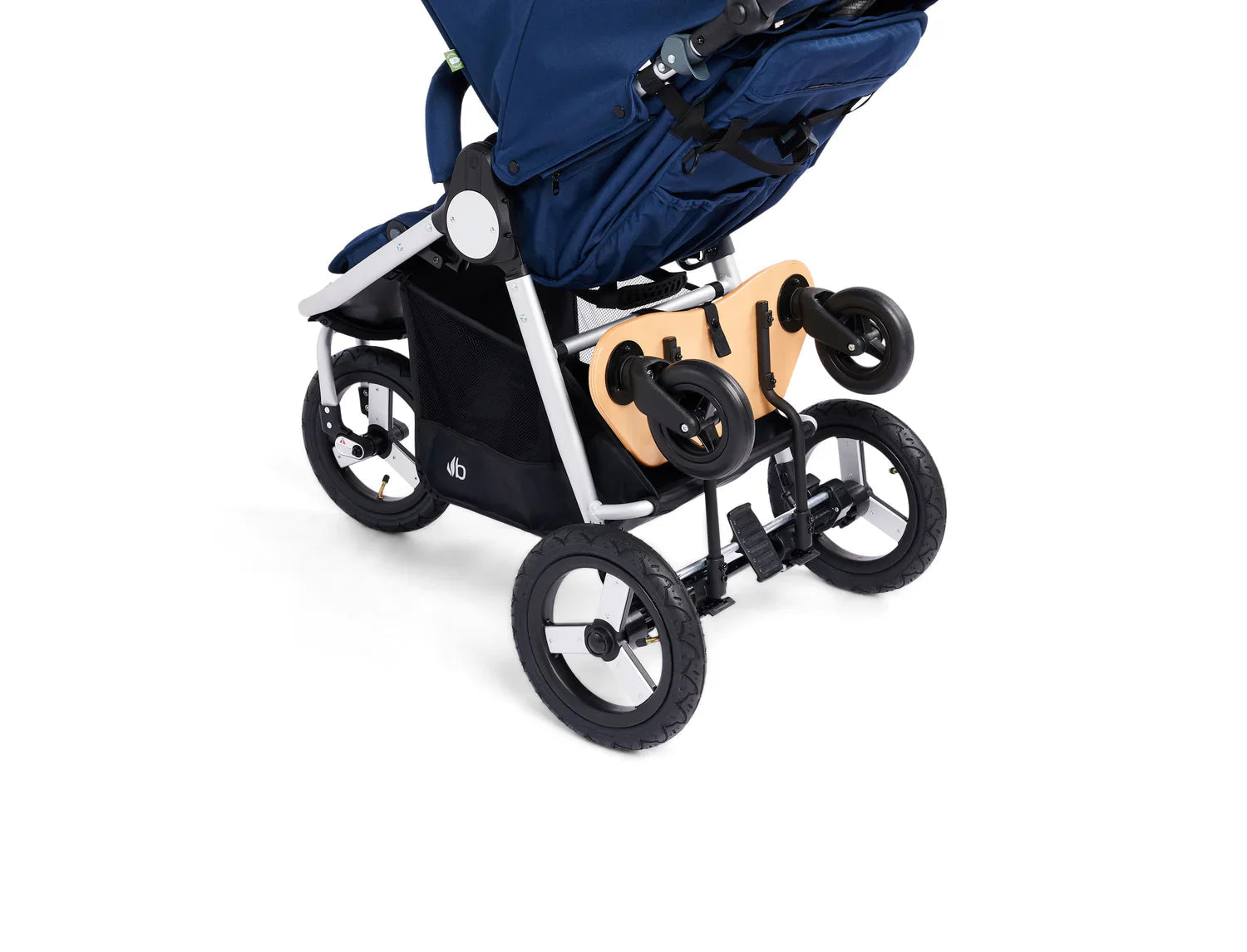 Navy blue Bumbleride Mini Board with wooden ride-along, perfect skateboard-style toddler board