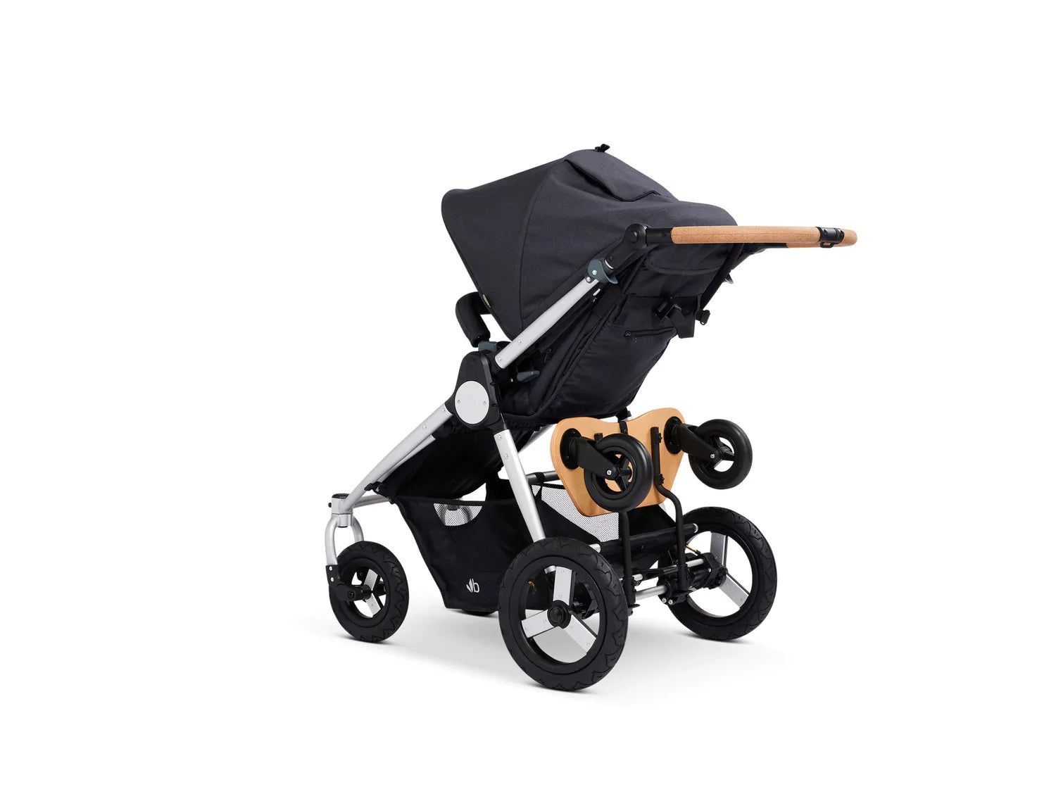 Black stroller with tan handle featuring Bumbleride Mini Board for easy baby strollers