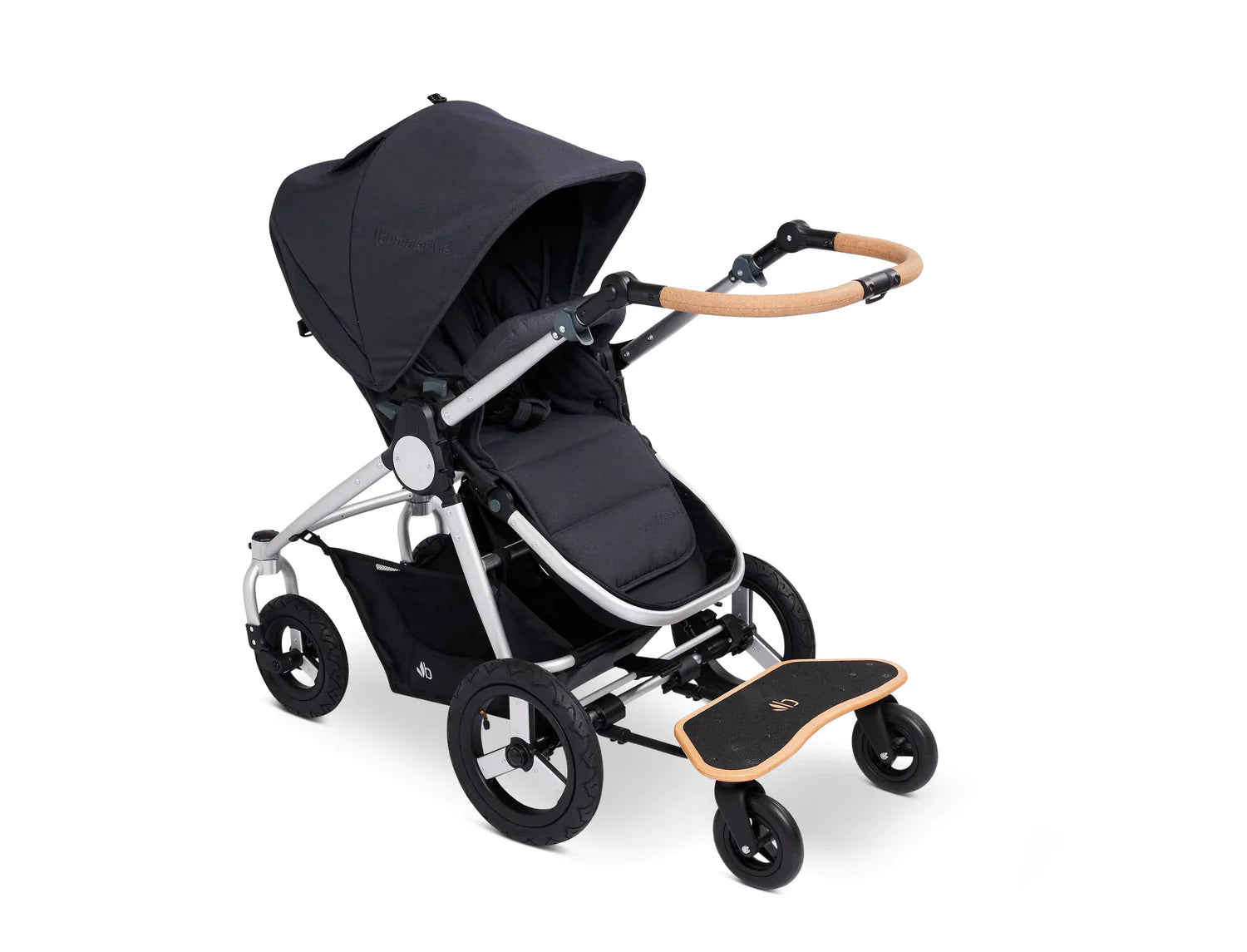 Black stroller with Bumbleride Mini Board MB-76, skateboard-style toddler board for rides