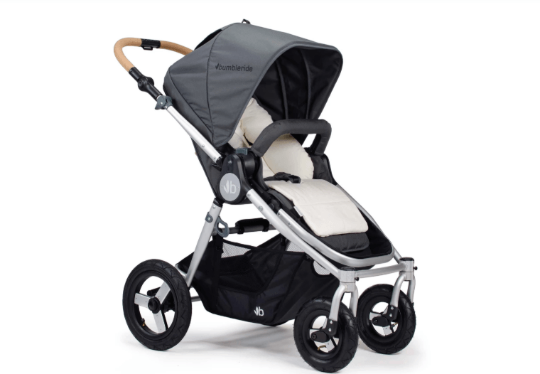Gray and silver baby stroller with Bumbleride Organic Cotton Infant Insert for Toshi Baby