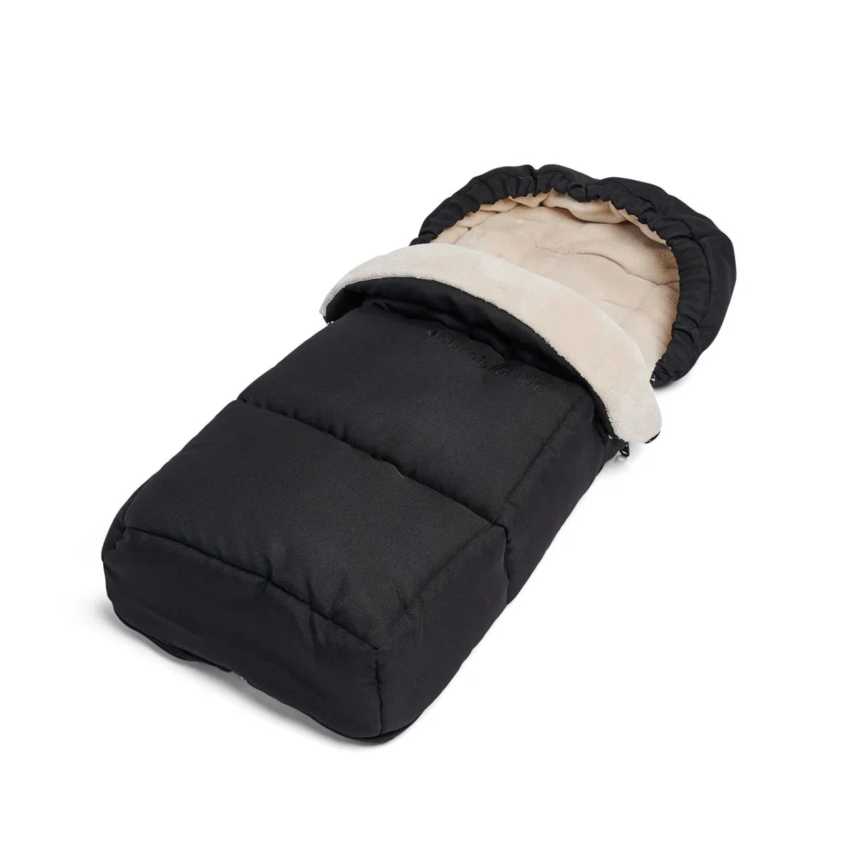 Black and beige padded baby sleeping bag for Bumbleride pram model made from recycled plastic bottles
