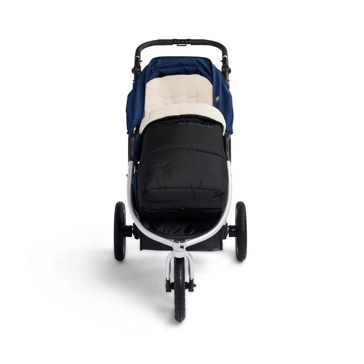 Navy and beige Bumbleride Cold Weather Footmuff for baby strollers, eco-friendly recycled plastic bottles