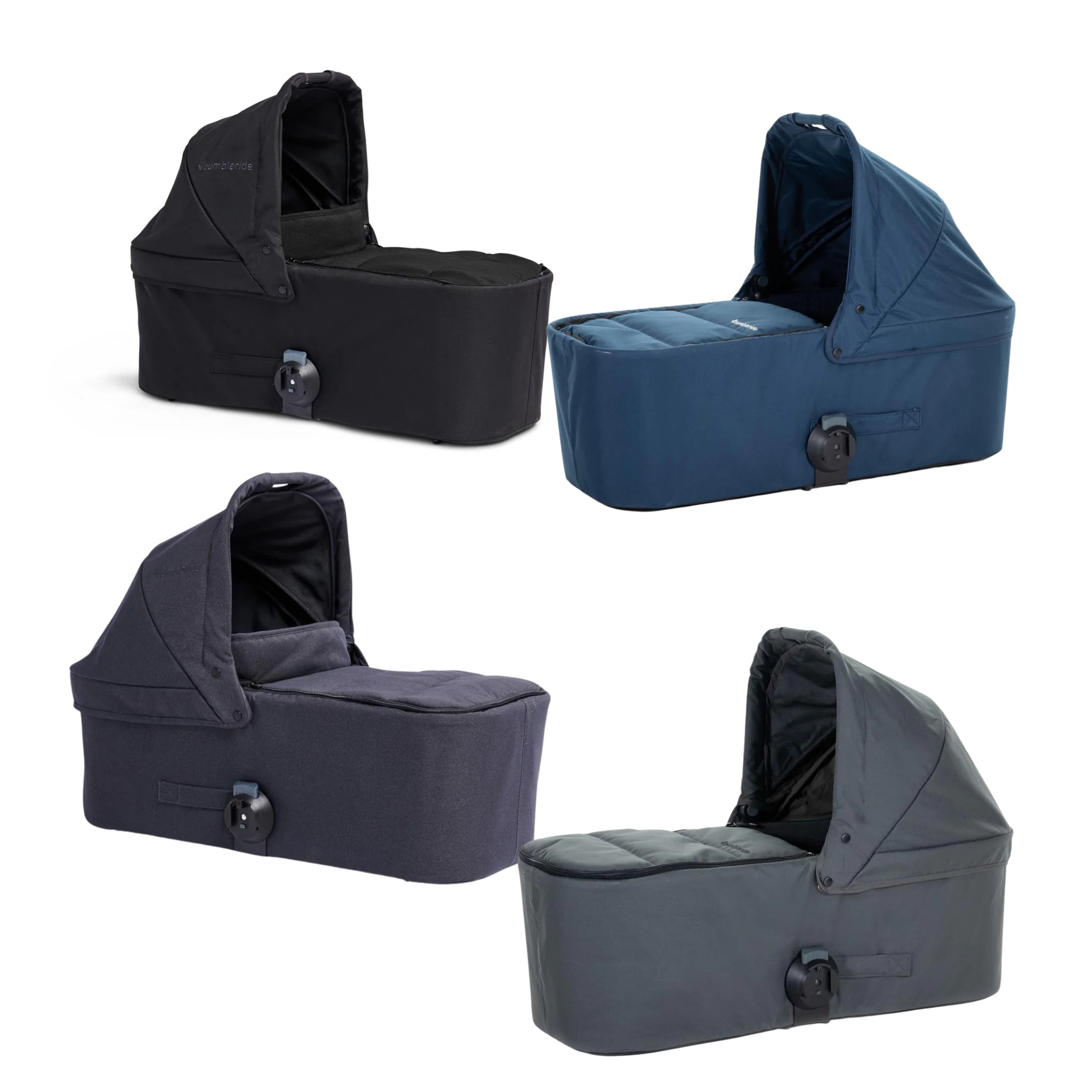 Four colorful Bumbleride Single Bassinet plush accessories made from organic cotton infant material