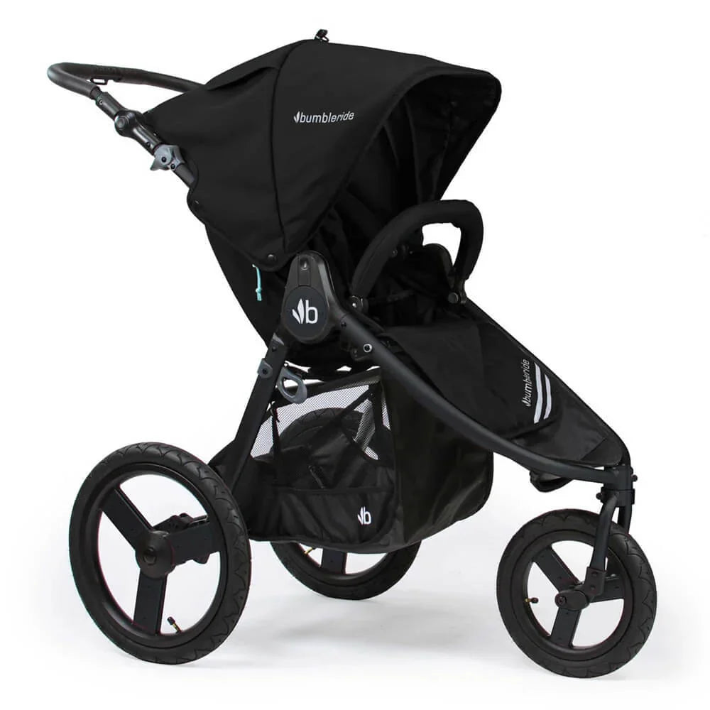 Black Three-Wheeled Stroller from Bumbleride Speed Stroller with Odyssey Wagon Wheels