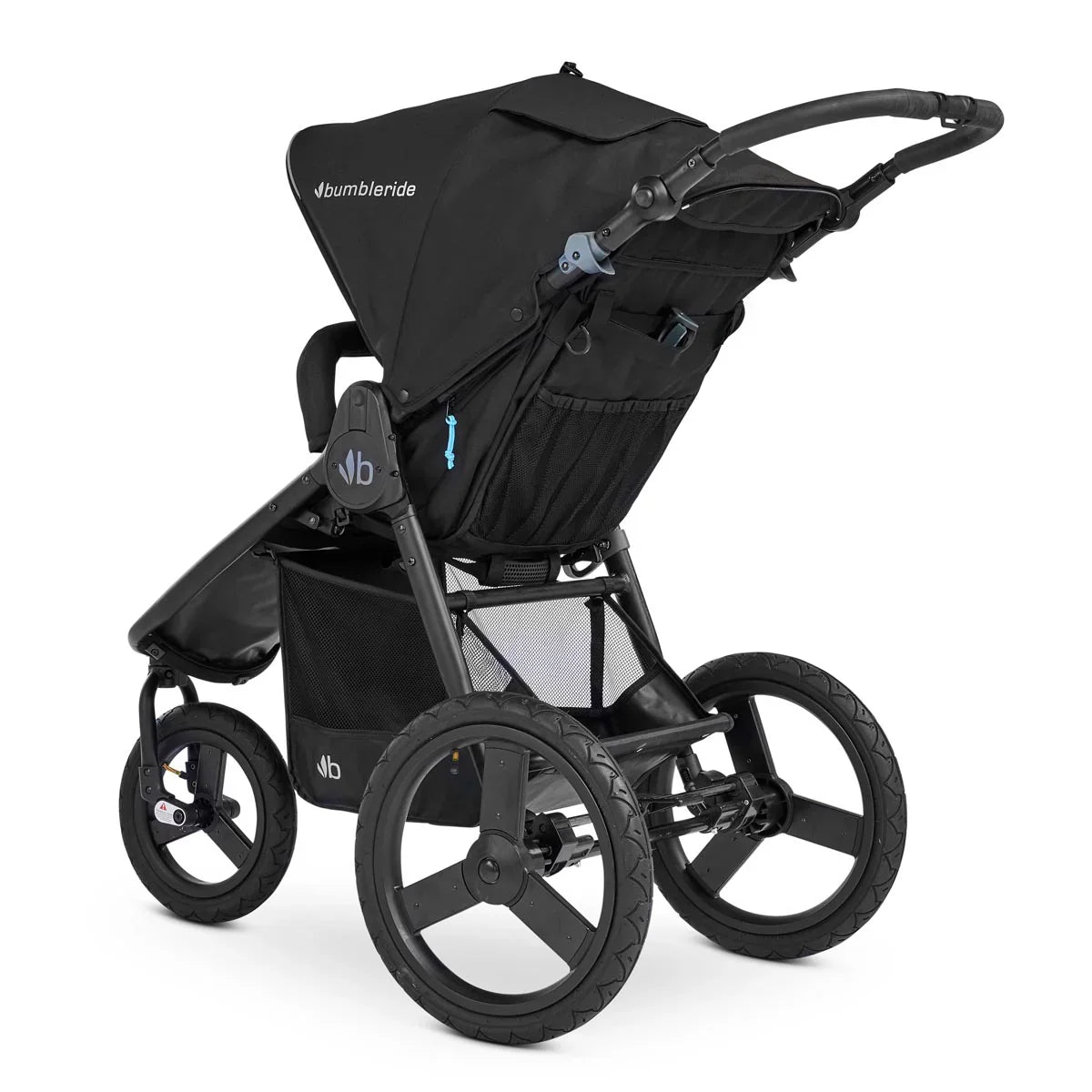 Black three-wheeled stroller from Bumbleride Speed Stroller collection, perfect with Toshi Baby Romper for your baby strollers needs