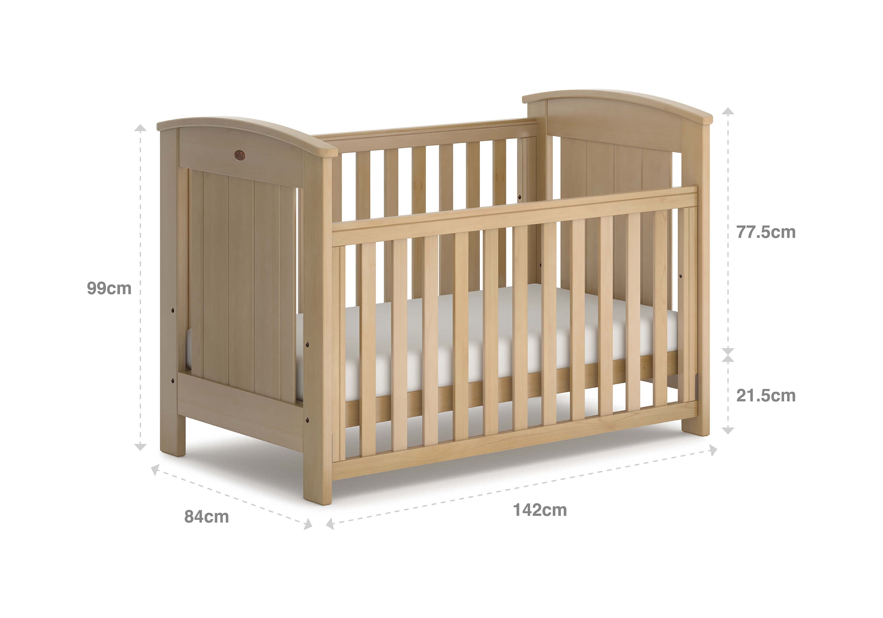 Wooden Boori Casa Baby Cot with dimensions, perfect dropside cot for baby strollers