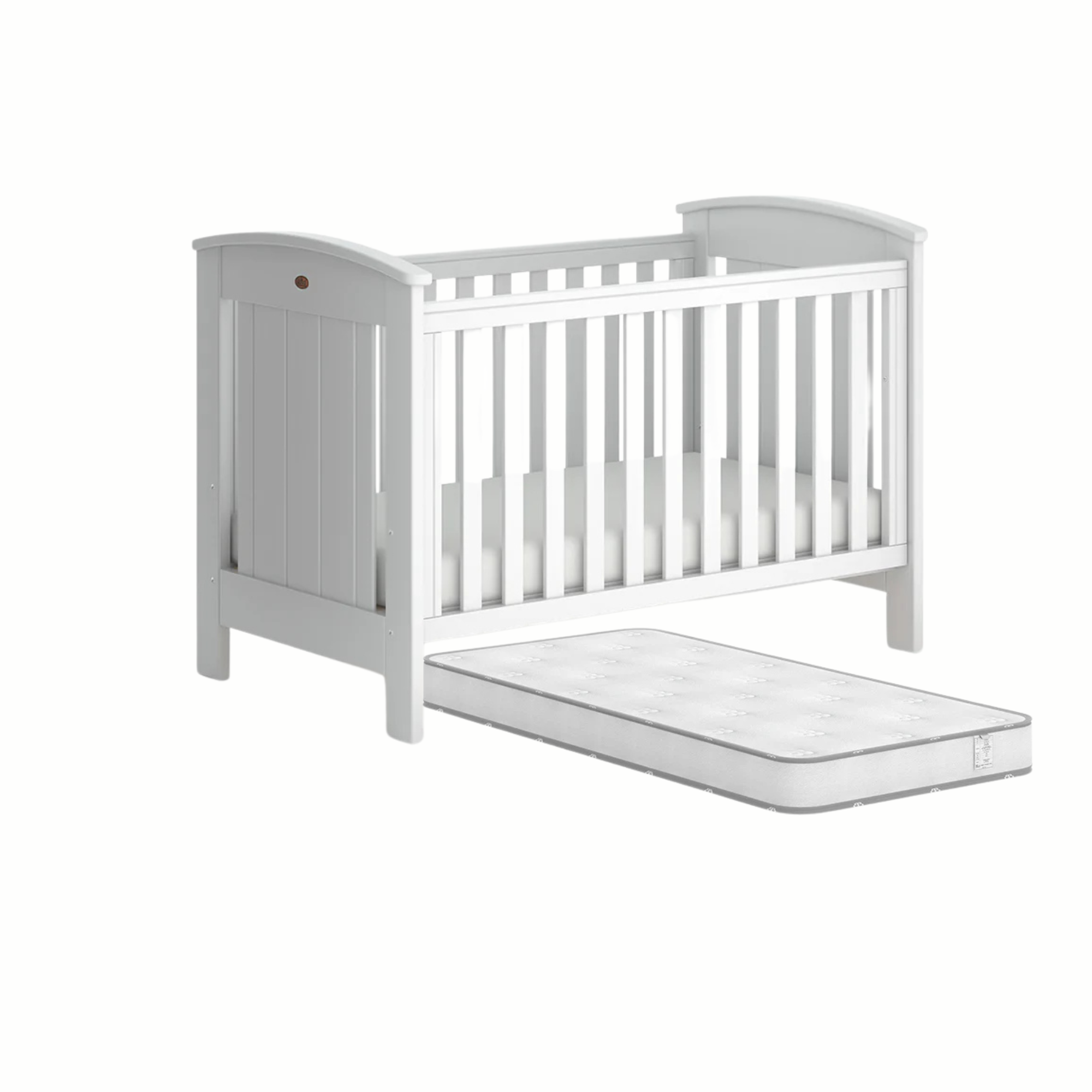 White wooden Boori Casa Baby Cot with pull-out mattress and dropside feature for comfy baby bed