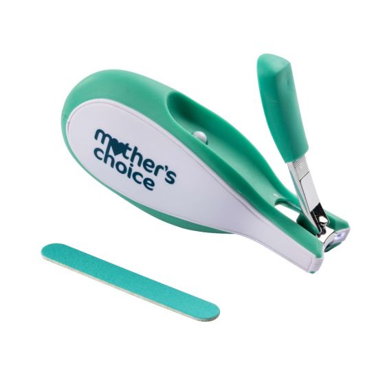 Green and white Mothers Choice Sleepy Baby Clippers set with emery board for sleepy baby nails